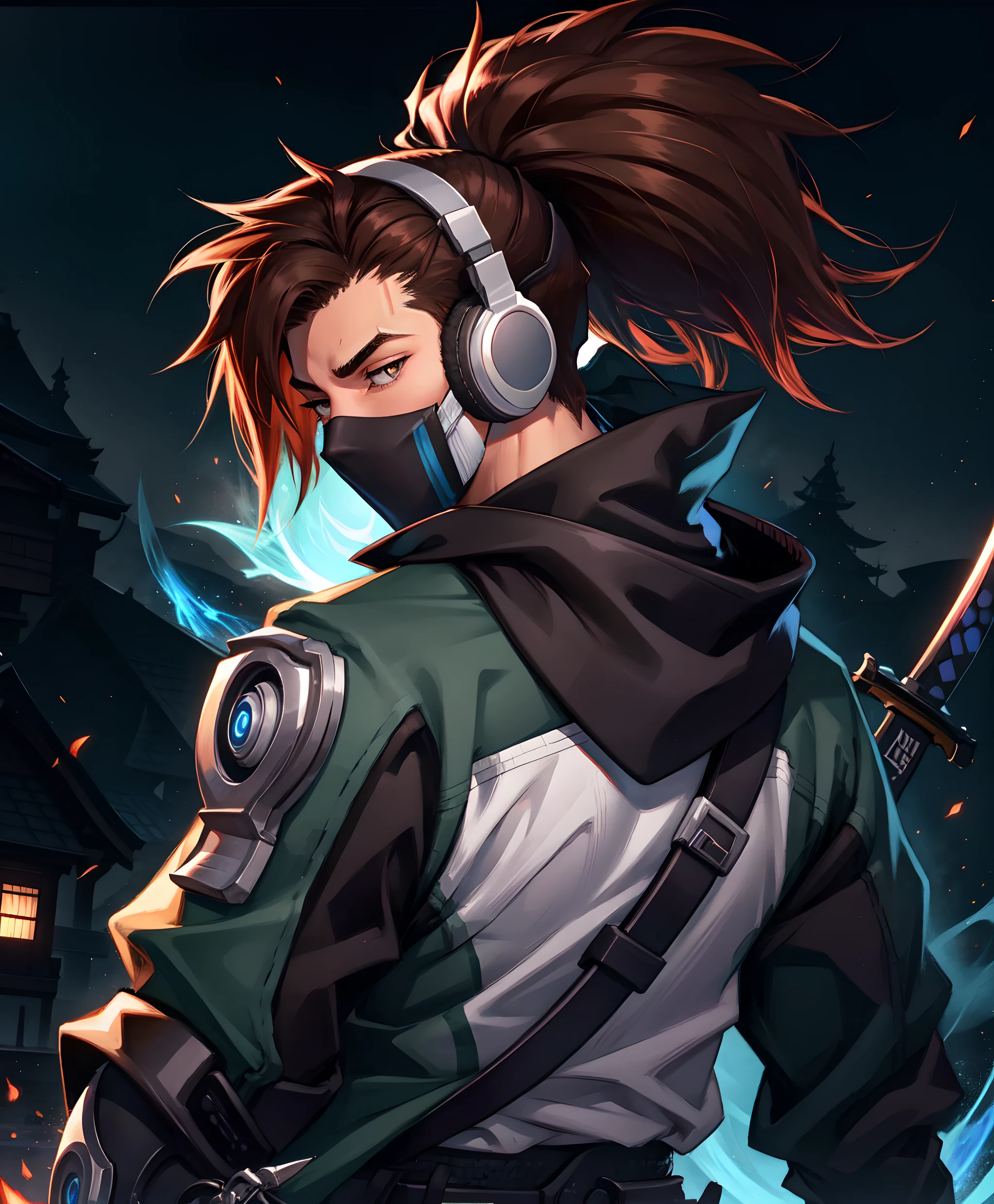 solo, looking away, sharp lighting, dramatic, vibrant, 8k hdr, dslr, (best quality), (masterpiece), <lora:Yasuo_TD-10 (1):0.7>,yasuo td, long hair, brown hair, gloves, 1boy, jacket, ponytail, weapon, male focus, upper body, solo focus, sword, hood, fingerless gloves, from behind, mask, headphones, katana, sheath, sheathed, mouth mask, weapon on backs, samurai, mature male