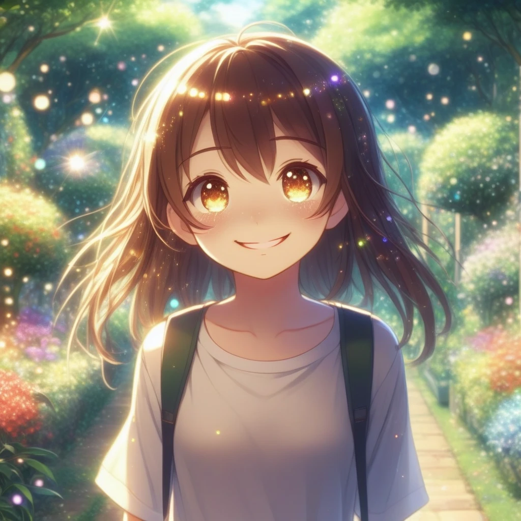 a smiling girl with sparkles in her eyes, walking in a garden, in the morning --style anime