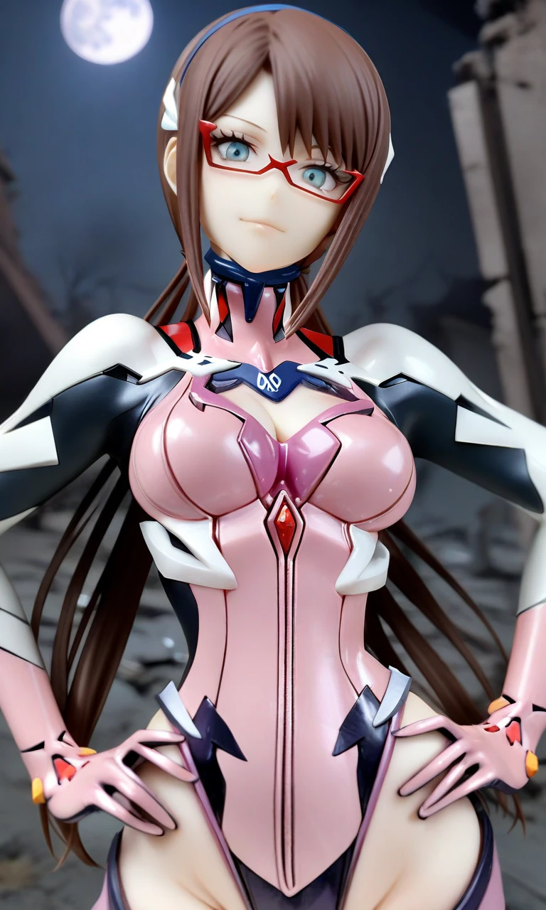 1girl, marishin, blue eyes, brown hair, medium breasts, cleavage, linea alba, hip bones, wide hips, 
(plugsuit:1.1), 
looking at viewer, light smile, upper body, straight-on, 
outdoors, ruins, night, moon, 
masterpiece, best quality, very aesthetic, absurdres, 
<lora:MariShinFlare_XL:1>