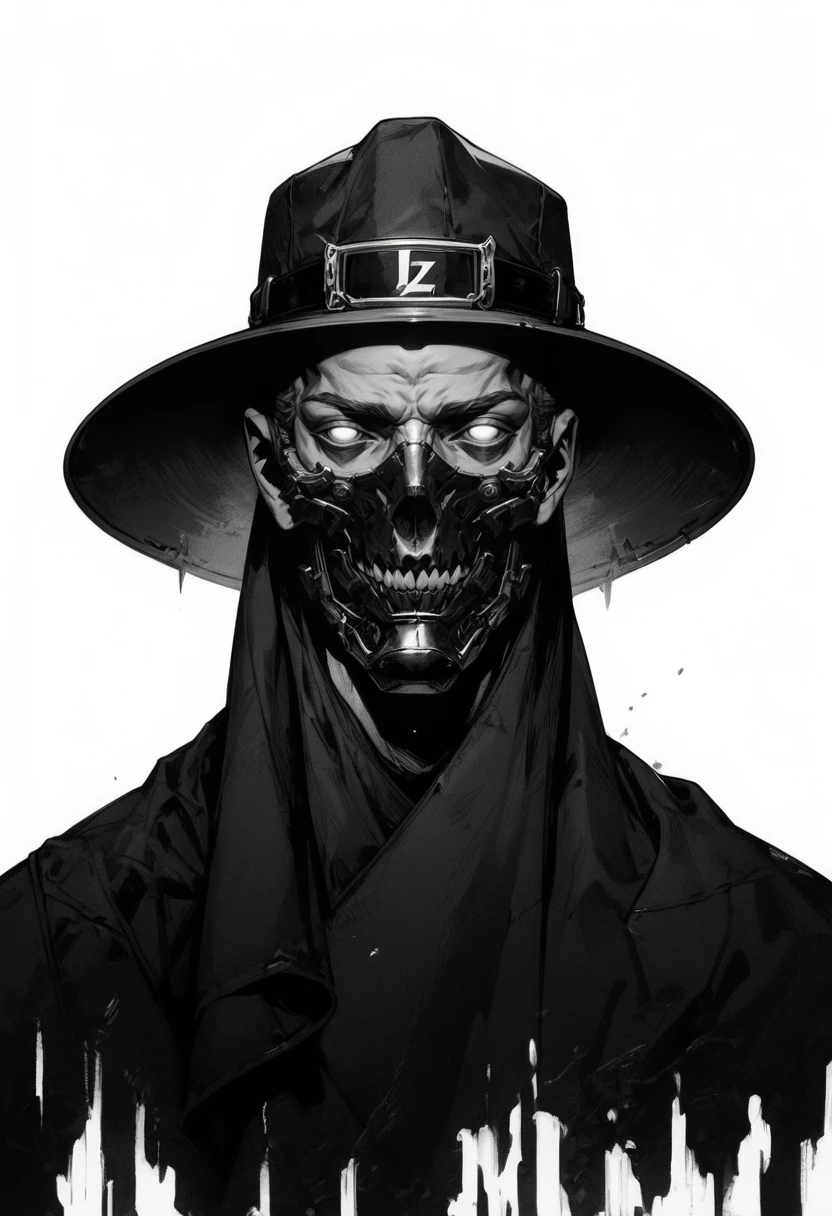 (score_9, score_8_up), score_7_up, zPDXL, solo, looking at viewer, simple background, 1boy, all black attire, white eyes, black mask, hat, white background, monochrome, upper body, greyscale, male focus, signature, cloak, <lora:GRIM_v1:1>