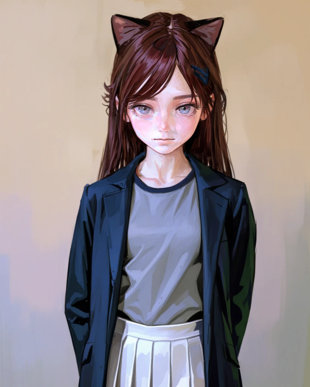 masterpiece,best quality,4K,8K,teenage,oil painting \(medium\),fkey70,
1girl,solo,arm behind back,arms at sides,looking at viewer,
standing,brown hair,black hair,
long hair,grey eyes,
hairclip,hair ribbon,
grey shirt,black jacket,open jacket,white pleated skirt,
cat ears,
simple background,
upper body,