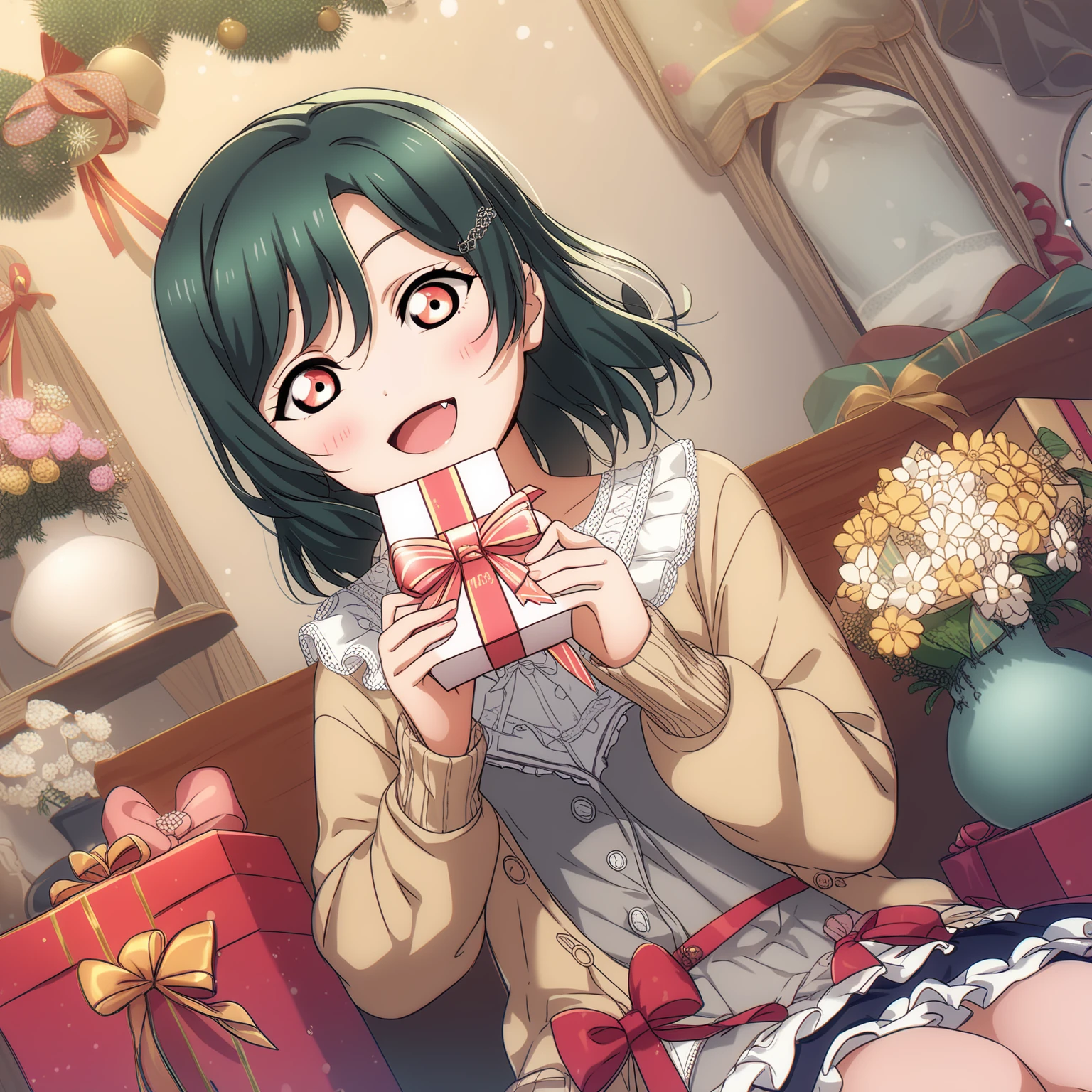 score_9, score_8_up, score_7_up, score_6_up, source_anime <lora:LLChar_Pony_Niji-000020:0.7>,
love live!, 1girl, mifune shioriko, dark green hair, red eyes, medium hair, swept bangs, small breasts, 
hair ornament, frills, hair between eyes, swept bangs, short hair, gift, flower, holding, box, dutch angle, vase, cardigan, indoors, shirt, blush, gift box, open mouth, smile, collarbone, hairclip, fang, sitting, long sleeves, open cardigan, grey shirt, open clothes, pink flower, yellow flower, holding gift, birthday, frilled shirt collar, white flower, skirt, ribbon, yellow cardigan