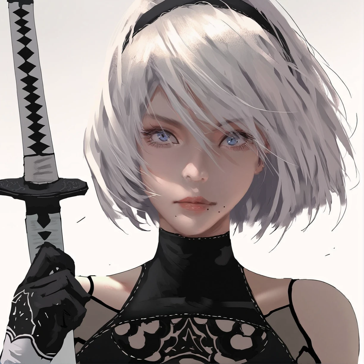 <lora:Wlop_Style_v2_PonyXL:0.8> wlop, by wlop, score_9, score_8_up, score_7_up, score_6_up, score_5_up, score_4_up, source_anime, rating_safe, 1girl, bare shoulders, blue eyes, elbow gloves, gloves, highres, long hair, mole, mole under mouth, nier (series), nier automata, solo, sword, weapon, white background, a2 (nier automata)