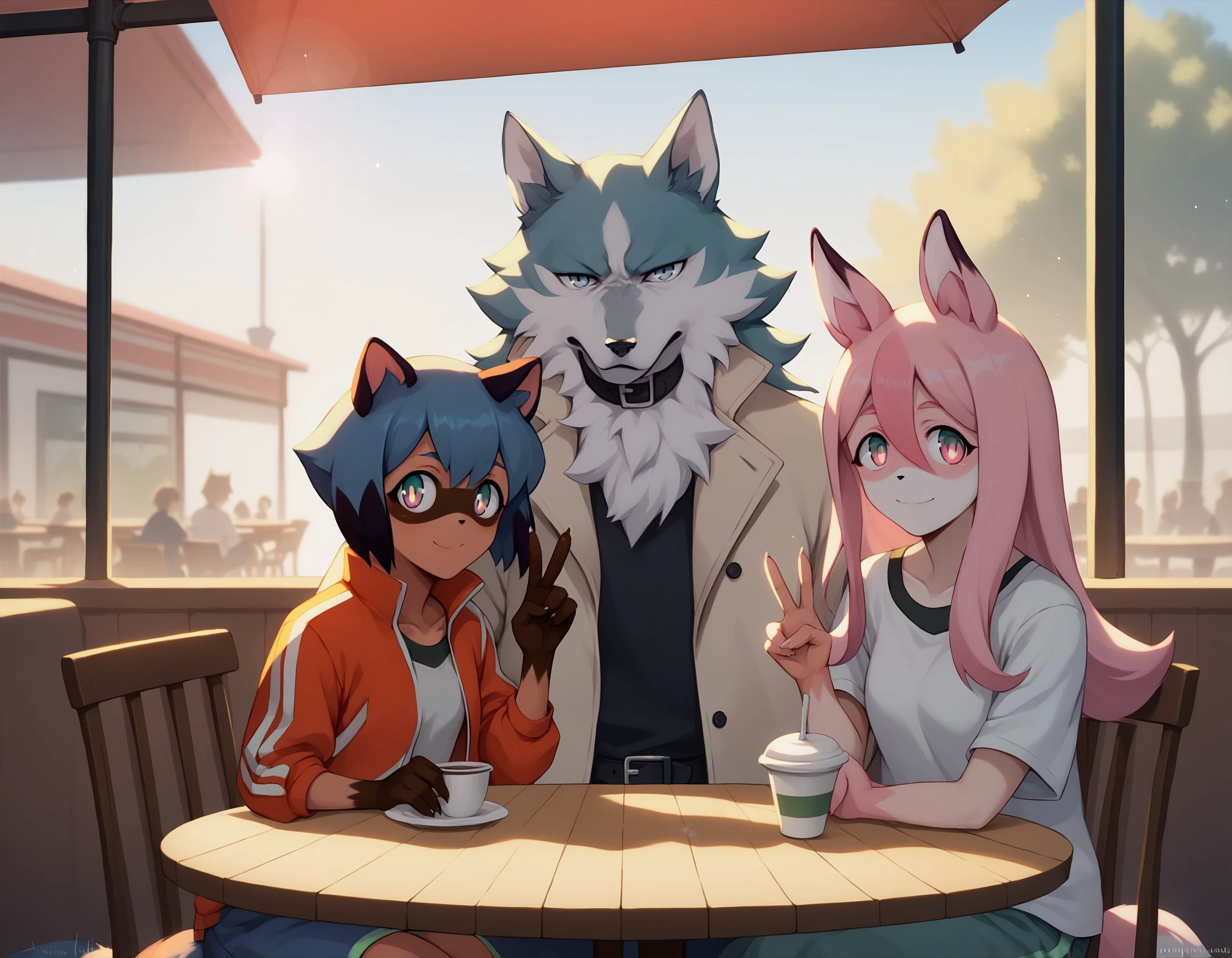 score_9, score_8_up, score_7_up, <lora:ShirouOgamiPonyXL:1>, trio, shirou ogami, wolf, michiru kagemori, tanuki, nazuna hiwatashi, fox, 1boy, 2girls, cafe. sitting, outside, table, chairs, detailed background, natural lighting, sunlight, lens flare, portrait, v-sign, looking at viewer