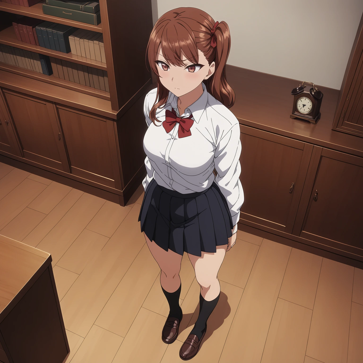 <lora:IzumiNogamiXL001>,
anime screencap,
best quality,masterpiece,
IzumiNogami,1girl,brown hair,Side ponytail,brown eyes,
white shirt,red bowtie,
pleated_skirt,black skirt,
black socks,loafers,
full body,standing,