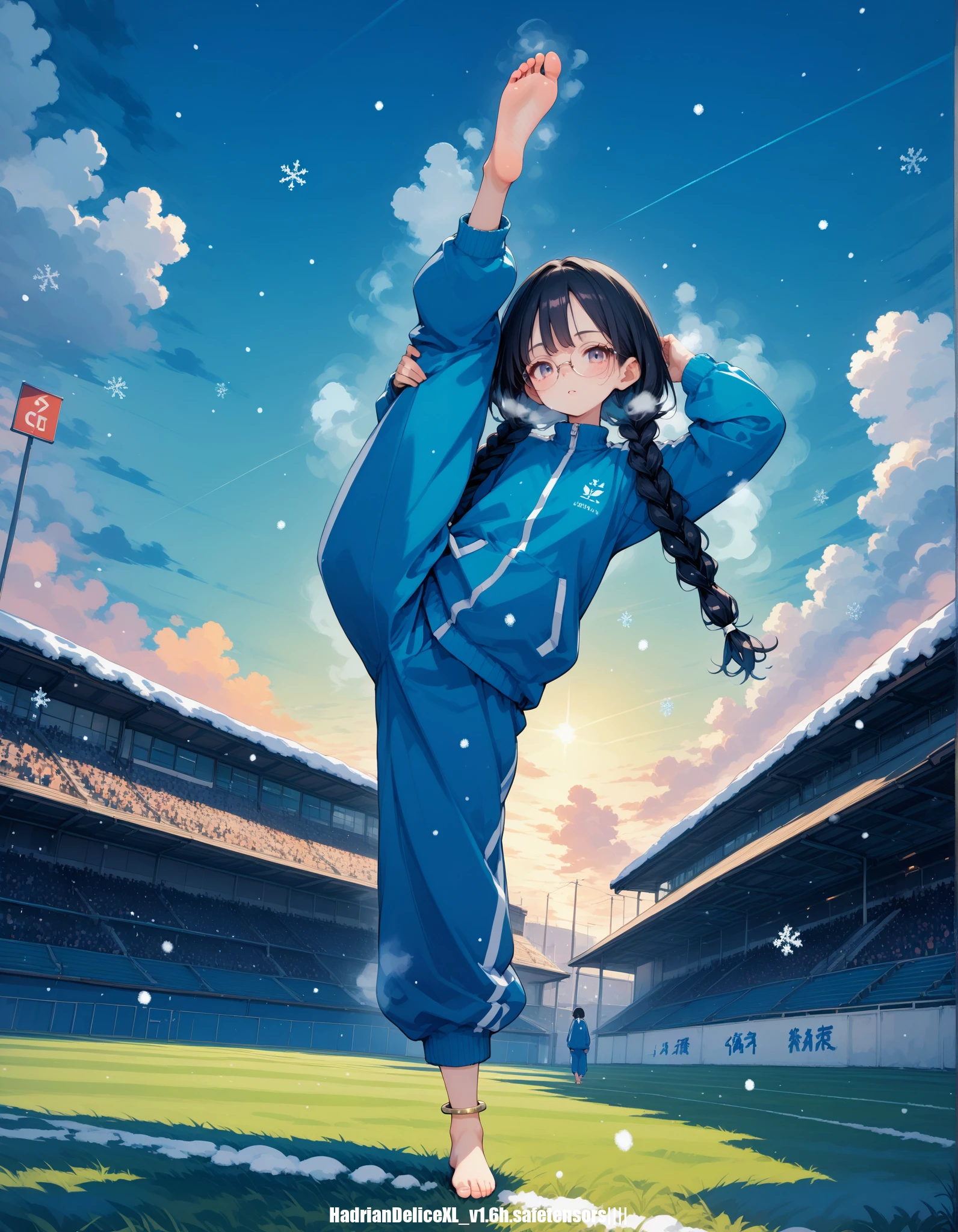 (score_10,score_9_up,score_8_up), hadrian,very strong contrast, dramatic Lighting,very high detailed,very gorgeous and complicated background,8k,4k,highres, 1girl,solo,black hair,baggy blue and white track suit,glasses,black hair,low twin braids,barefoot,soles,anklet,school field,blue sky,crowd,cloudy sky,snowing,snow,breath,steaming feet,standing split,standing on one leg,petite,