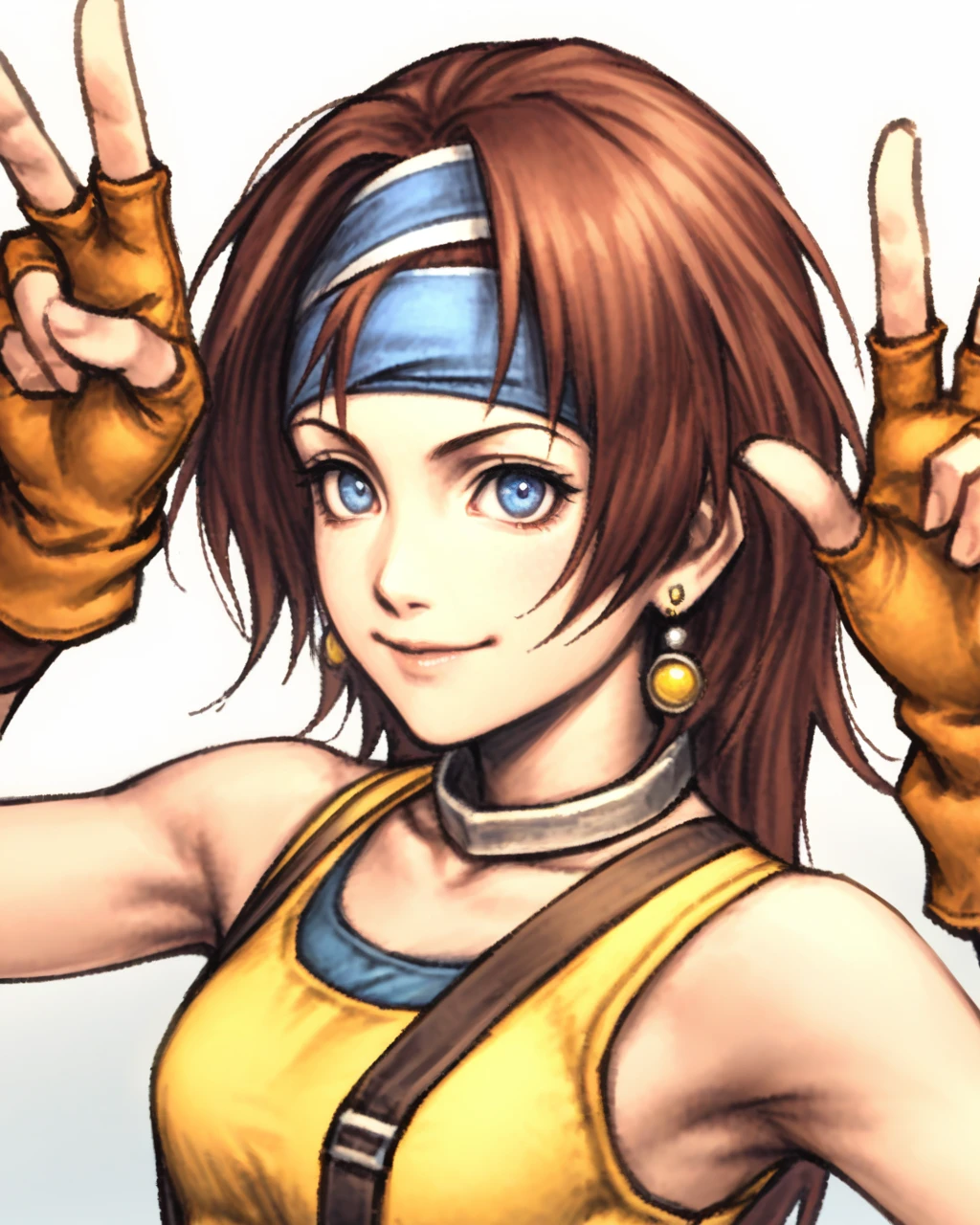 1girl,(red) brown hair,blue eyes,turime,smile,(kawaii),solo,
yellow crop top,yellow miniskirt,blue headband,earrings,brown fingerless gloves,suspenders,feathers,
double v,
close-up,
portrait,
(masterpiece:0.8),(illustration:0.9),(graphite:0.5),(aquatint:0.5),(realistic:0.001),
<lora:Lion2AM31XL:0.85> <lora:sdxl2-flat2-512b:-0.5>