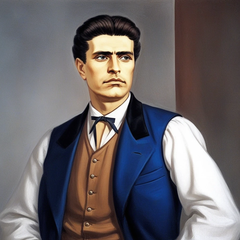 realistic image with high quality, excellent resolution, clear, detailed and well-focused images, detailed and correct anatomy depicting the image of Vasil Levski Age: 34 years Height: About 170cm eyes - blue Clothing: Dressed in a traditional hajdushka costume consisting of a white shirt, black waistcoat, dark blue or brown trousers, tservuli and gaitan. At his waist may be a dagger or a knife. He may have a sheepskin or aba on his shoulders. Additional details: He wears a (revolver) in his belt He has a bullet scar on his left cheek He holds a notebook in his right hand Emotion: Courage Determination Patriotism Self-sacrifice Atmosphere: It should be dramatic and heroic, emphasizing the self-sacrifice and fighting spirit of Vasil Levski. You can add keywords like "haidutin", "freedom fighter", "Bulgaria", "Balkan" etc. to target the generator more precisely.