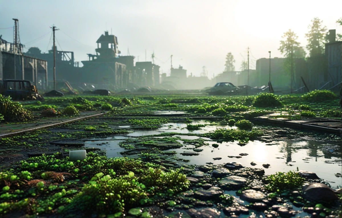 Gl1tchBasalt, abandoned city landscape, Photorealistic 3D game concept with extraterrestrial landscape with ground made of voronoi-shaped prismatic voxels and with low-poly early evening abandoned decaying  urban landscape flooded with dense milky-green fog laying on the ground.( Shallow depth of field, strong swirly bokeh effect, volumetric lighting, light caustics, sun flares, light leaks and subsurface light scattering:1.15) are emphasizing the surreal pleasant intricate picture.
BREAK (shallow depth of field, smooth background with strong swirly bokeh effect:1.25)