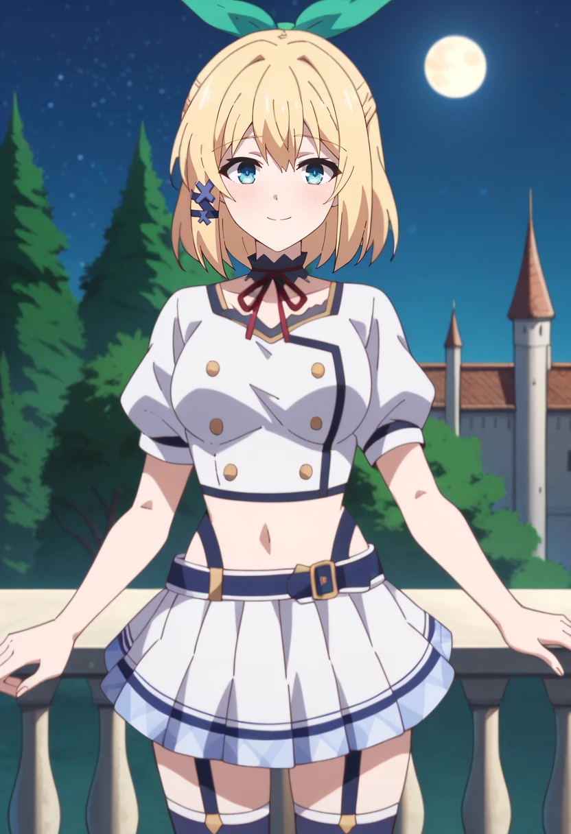 score_9, score_8_up, score_7_up, source_anime,
<lora:Rokuaka_RumiaTingelXL:0.8>, RumiaTingel,
1girl, solo, closed mouth, light smile, light blush,
blonde hair, blue eyes, medium hair, green ribbon, hair ornament,
RumiaSchool, choker, red ribbon, white shirt, crop top, garter straps, white skirt, blue thighhighs, buttons, short sleeves, asymmetrical clothes,
standing, looking at the viewer,
outdoors, forest, medieval, fantasy, castle, balcony, moon, night, starry sky