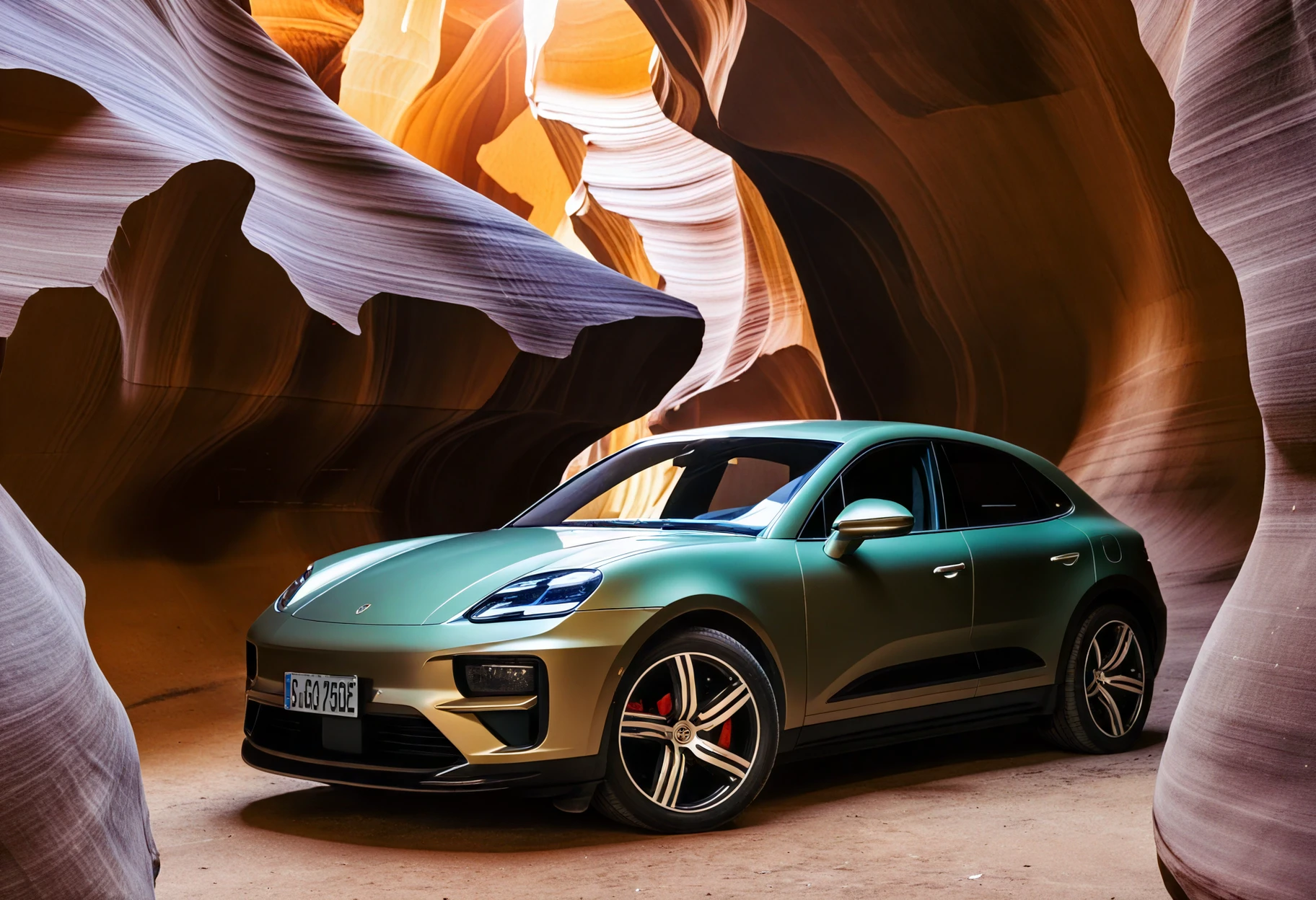 Macan, a (light blue Porsche car:1.2) parked on a 

 , This image captures the breathtaking view of Antelope Canyon, a renowned natural landmark in Arizona. 