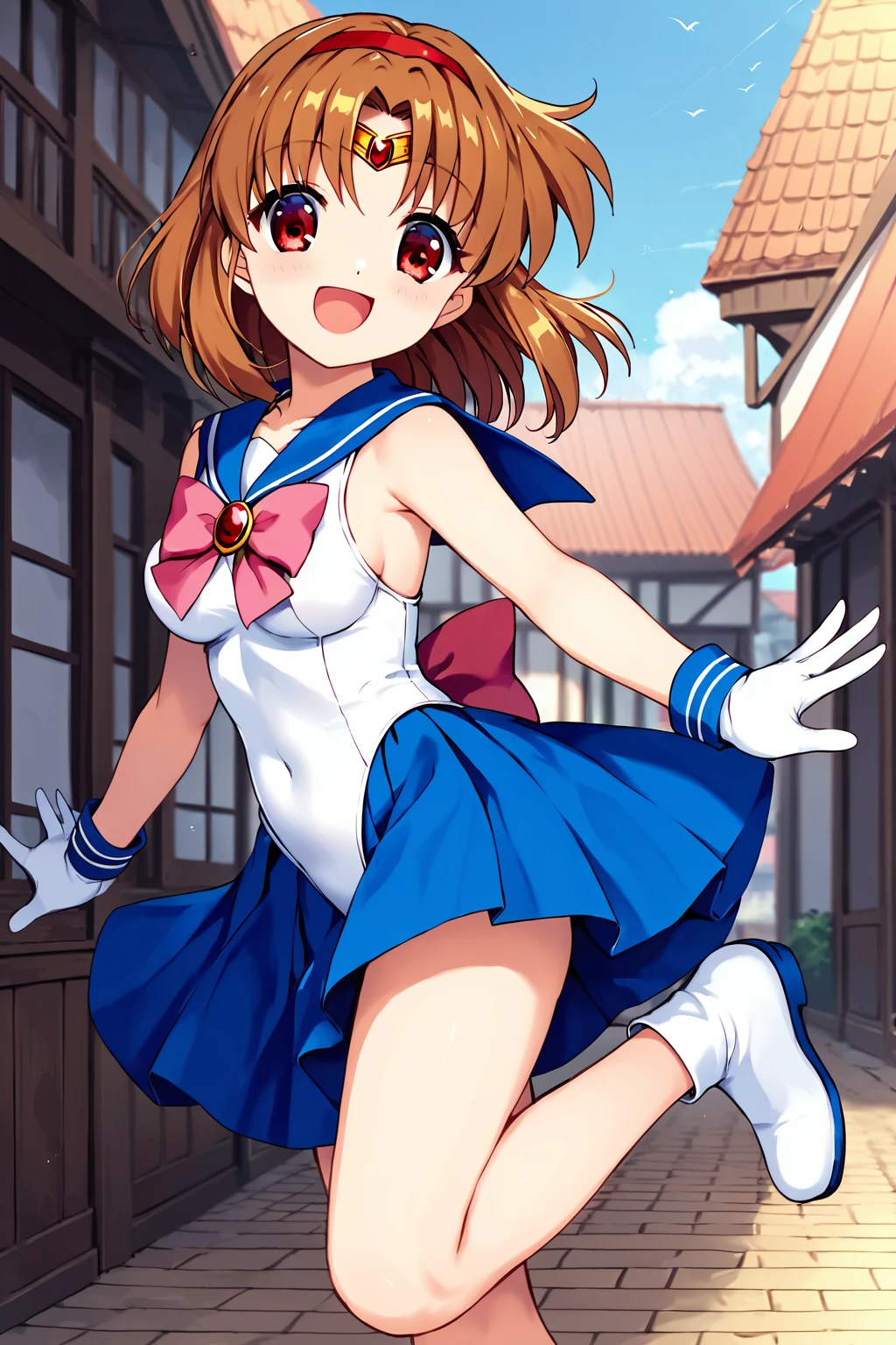 score_9, score_8_up, score_7_up, score_6_up, rating_safe, source_anime, best quality, masterpiece, detailed background, detailed eyes, cowboy shot, outdoors, (white leotard), blue sailor collar, pink bow, blue skirt, forehead tiara, sailor senshi uniform, open mouth, smile, standing on one leg, <lora:tsukimiya-ayu-xl-04:1>, tsukimiya ayu, medium breasts, red eyes, red headband, brown hair,