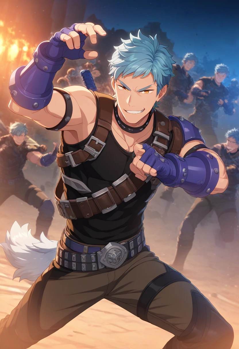 1boy, male focus,
<lora:Character_-_Helios_Rising_Heroes_-_Asch_Albright:1> asch, blue hair, orange eyes,
((zPDXL)), score_9_up, score_8_up, score_7_up, score_6_up, score_5_up, score_4_up, best quality, amazing quality, best aesthetic, absurdres, year2023, nsfw, game cg, official art, official style, anime screencap,
outdoor, black tank_top, fingerless gloves, belt, brown pants, belt, night, belts, smirk, fighting stance, battlefield,