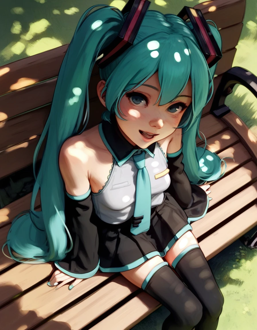 score_9, score_8_up, score_7_up, 1girl sitting on a park bench, dutch angle, from above, smile, open mouth, dutch angle, detached sleeves, black skirt, black thighhighs, (hatsune miku,:0.8) , small breasts, dappled sunlight, looking at viewer,
<lora:diathorn_style_pony6_v1:1>