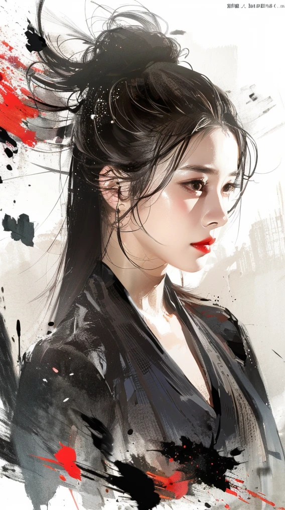 1girl,solo,black hair,upper body,red lips,long hair,black eyes,