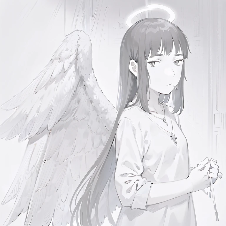 <lora:Reki:0.85>, 1girl, solo, long hair, black hair, halo, angel wings, , 
cross necklace, 
black wings, 
, 
whiskers, 
pale skin, 
, 
looking at viewer, 
, 
, 
,  <lora:epiNoiseoffset_v2:0.75>, ,, <lora:animeoutlineV4_16:0.75>, , lineart, monochrome