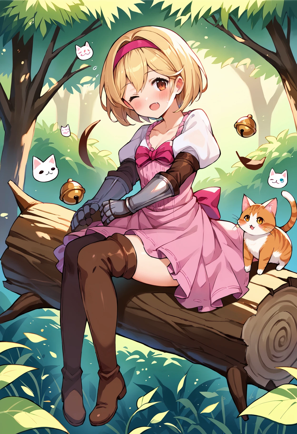 score_9, score_8_up, score_7_up, uncensored, source_anime, 1girl, <lora:spgbfDjeetaXLPony:1> djeetadef, pink hairband, dress, puffy sleeves, gauntlets, brown thighhighs, thigh boots, bell, cat, full body, ginkgo leaf, ginkgo tree, kitten, leaf, log, blush, looking at viewer, one eye closed, open mouth, solo, :q