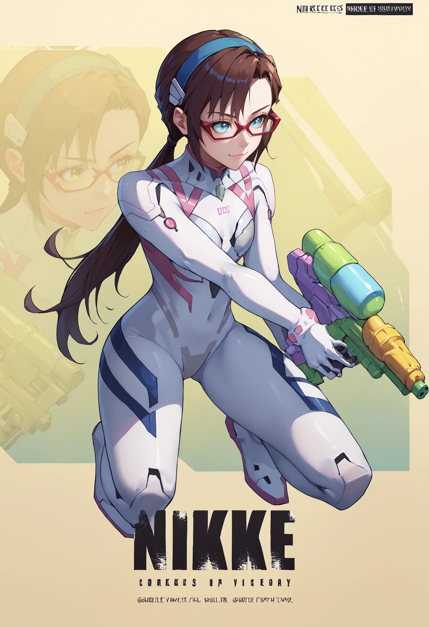 score_9, score _8_up, score_7_up,  source_anime,  IncrsNikkeProfile, full body, zoom layer, on one knee, holding weapon, holding [water gun:supersoaker:.25] super soaker, green and yellow water gun, <lora:NikkeProfileV2_XLPD:1>, <lora:Degen_Mari_White_v1:1> mari-white, hairband, semi-rimless eyewear, white plugsuit, numbered, leg stripes,  <lora:Degen_Watergun_Fight_v3:.9>