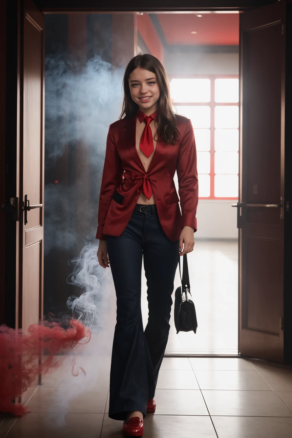 (CINEMATIC SHOT:1.4) College Girl TrualityCampus_Ramona (tucked red Formal Shirt 1.3)(Red Blazer:1.4)(Necktie:1.5)(Jeans:1.4)((Photo Focus, DOF, Aperture, insanely detailed and intricate, character, hypermaximalist, elegant, ornate, beautiful, exotic, revealing, appealing, attractive, amative, hyper realistic, super detailed, heresy flares))(volumetric red smoke:1.3) (standing in front of a college entrance)(smile:1.4)
