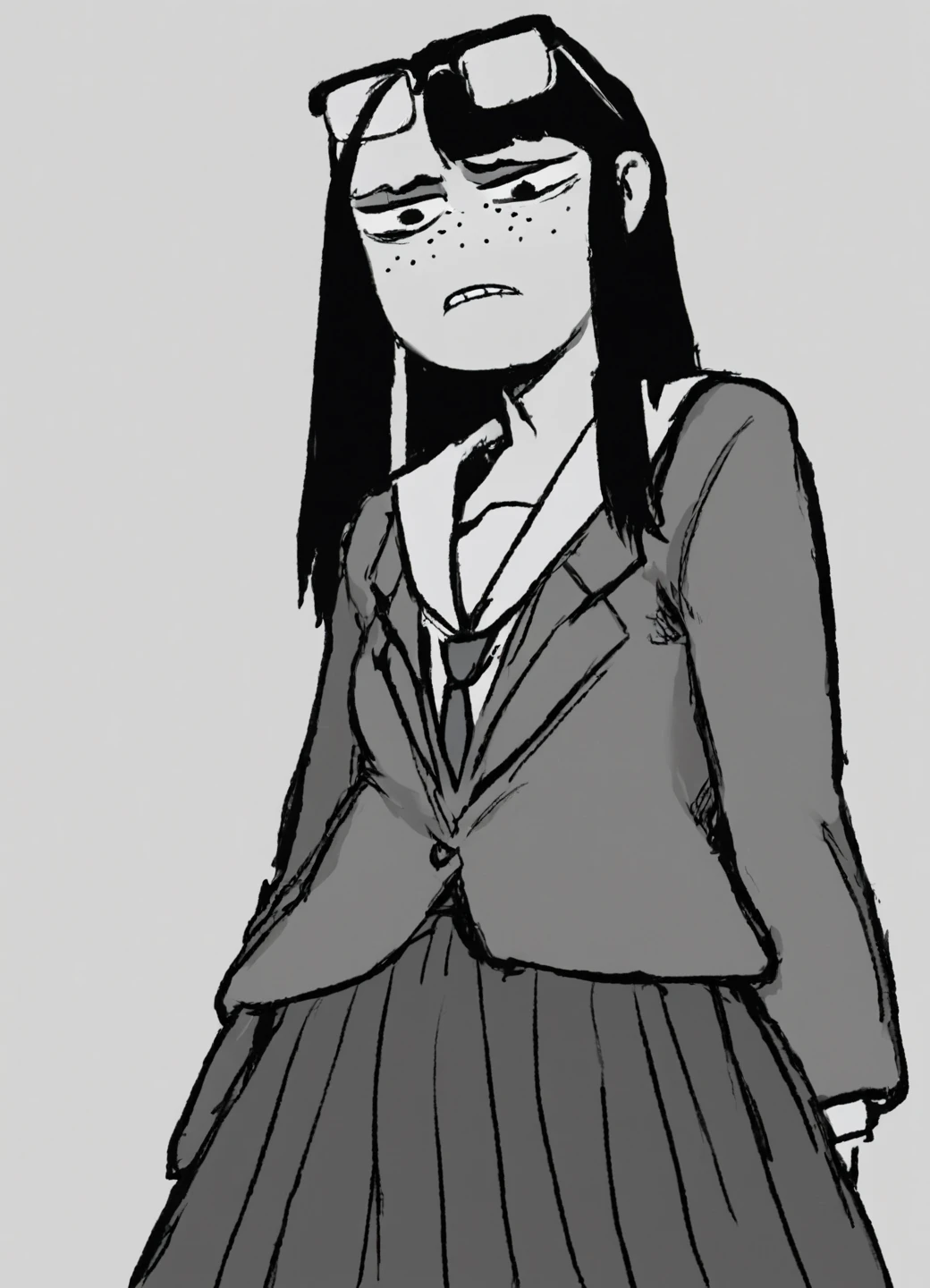 score_9, score_8_up, score_7_up, score_6_up, score_5_up, score_4_up, BREAK <lora:FIPIndustries_Style:1> mandy, noseless, monochrome, <lora:kanamori-ponyxl:1> 1girl, solo, kanamori, eyewear on head, freckles, serafuku, blazer, pleated skirt, blue skirt, long skirt, source_cartoon, rating_suggestive