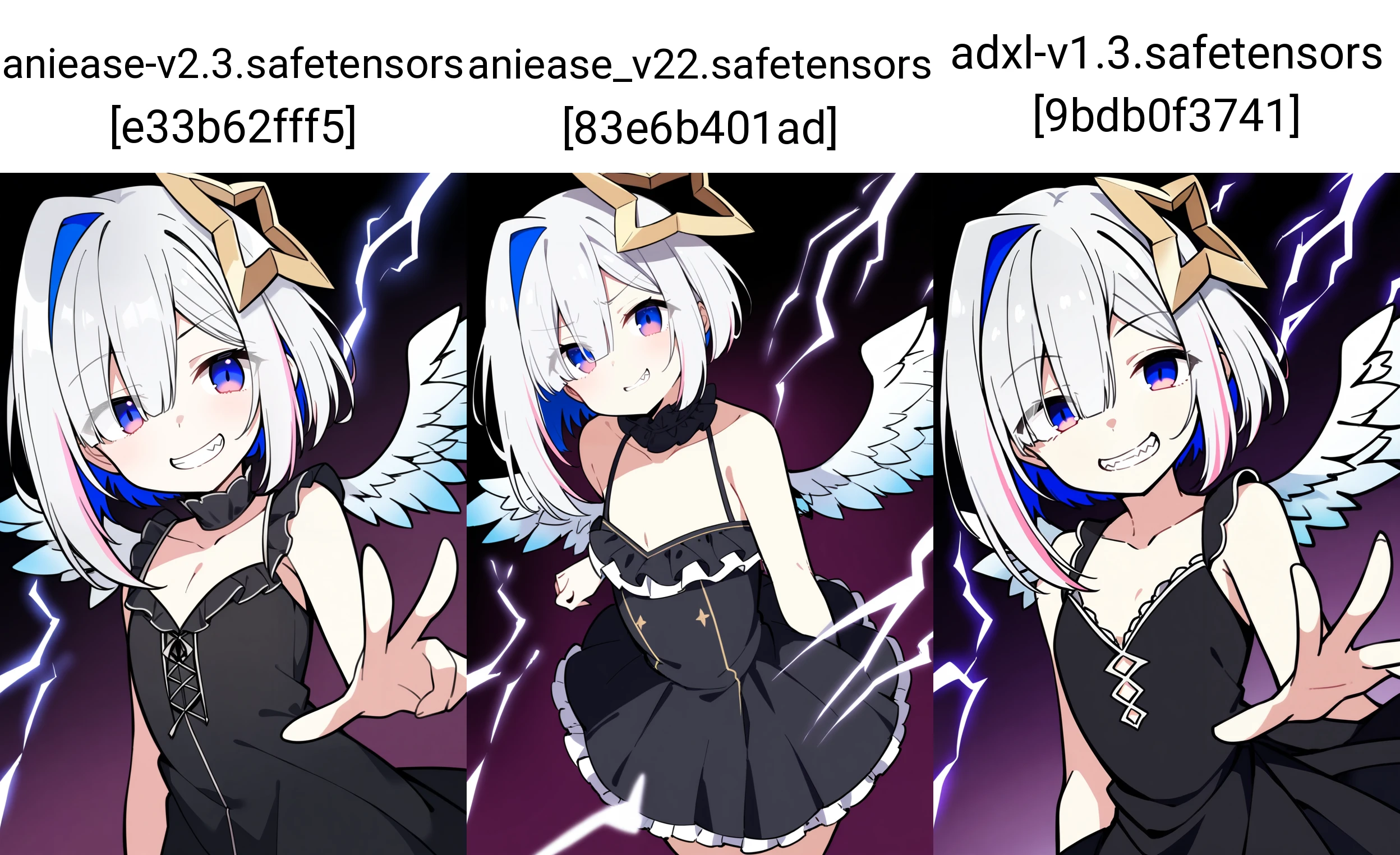 1girl, solo, amane kanata, lineart,
short hair, silver hair, blue eyes, flat chest, black dress, frills, cleavage, evil grin, wings, lightning,
aura,
masterpiece, best quality, very aesthetic, absurdres,