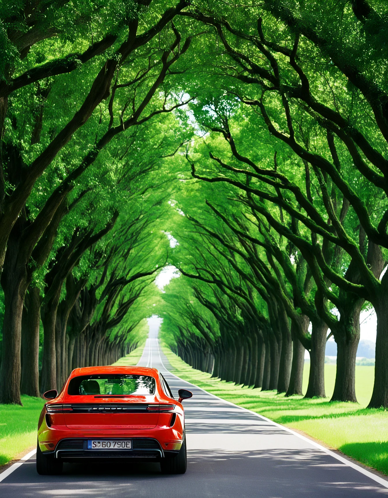 Macan, front view, a (red Porsche car:1.2) parked on a 

 , A green tree-lined road stretching into the distance under a clear blue sky. 