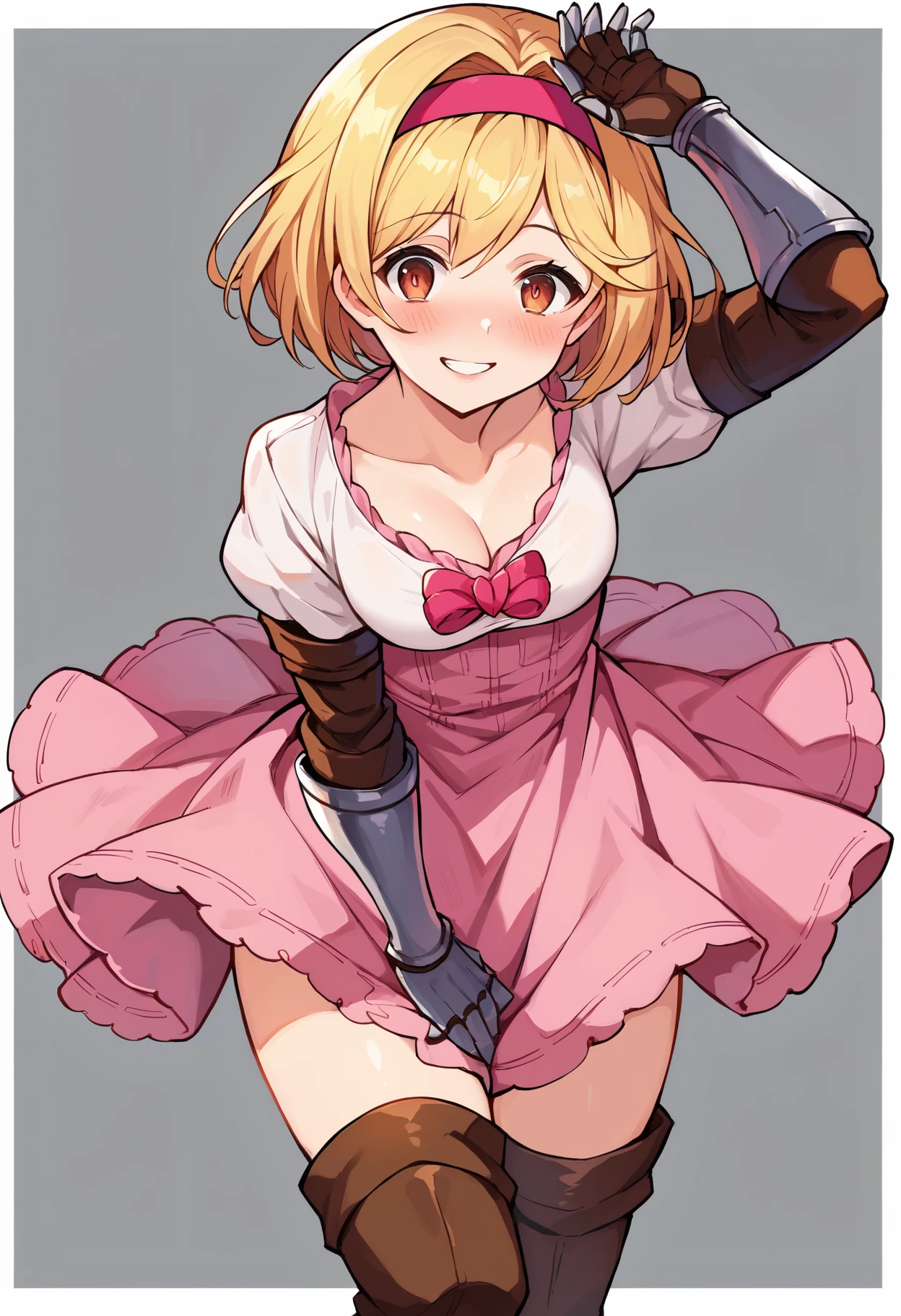 score_9, score_8_up, score_7_up, uncensored, source_anime, 1girl, <lora:spgbfDjeetaXLPony:1> djeetadef, pink hairband, dress, puffy sleeves, gauntlets, brown thighhighs, thigh boots, sheath, border, grey background, arm up, blush, head tilt, leaning forward, looking at viewer, parted lips, smile, solo, standing, afraid