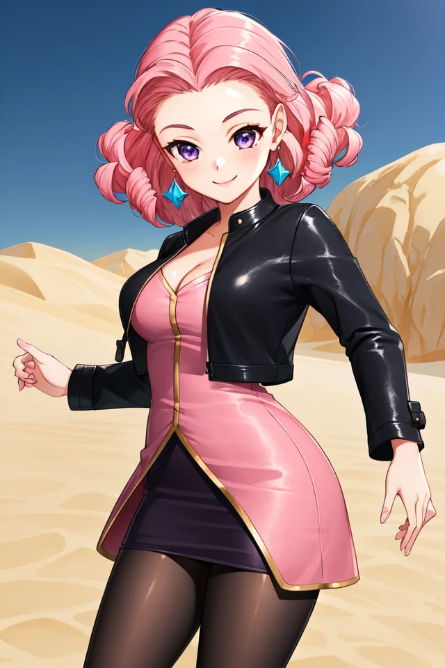 1 girl, outdoors, desert, dancing, smile,
<lora:Azure_Dreams_-_Vivian:0.5> azurevivian, pink hair, earrings, purple eyes, forehead, curly hair,
dress, showgirl skirt, pink dress, black skirt, miniskirt, black pantyhose, black jacket, cleavage,