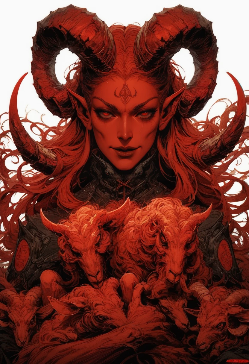 (score_9, score_8_up), score_7_up, zPDXL, 1girl, solo, long hair, red eyes, ram horns, pointy ears, colored skin, animal, demon girl, holding animal, red skin, red theme, sheep, white background, limited palette, monochrome <lora:GRIM_v1:0.9>