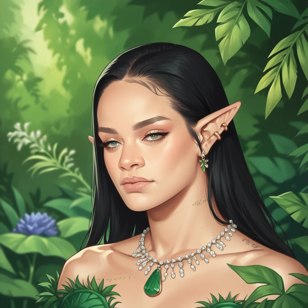 score_9, score_8_up, score_7_up, score_6_up,source_anime, anime 2d, a stunning elf with black hair, green lush forrest in the background, face, rixhnna, <lora:rihanna_ponyxl_aut_xl_1_st_wicap_merger_67_73_02_08-rixhnna:1>