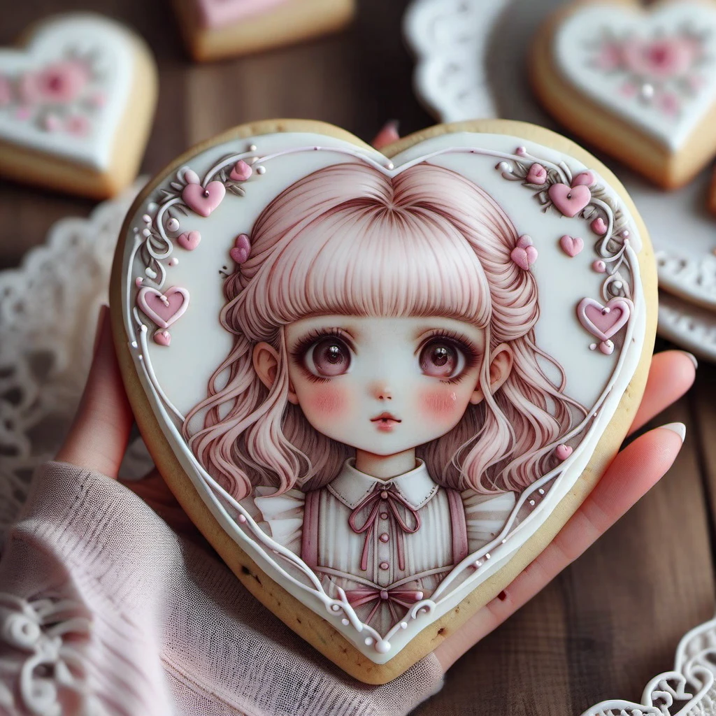 <lora:cookie:1>cookie art design, cookie decoration,solo cookie,(flat art),heart shaped ,cute girl,