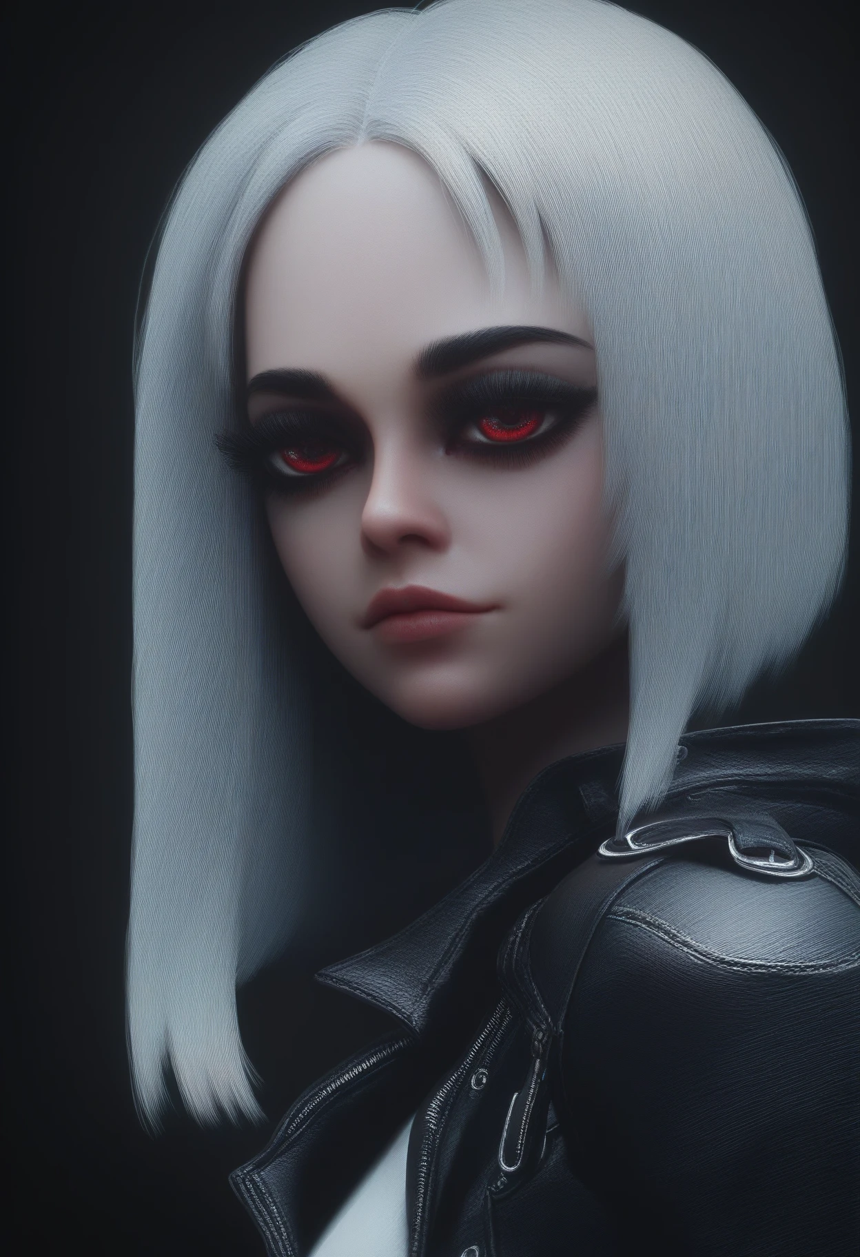 score_9, score_8_up, score_7_up,<lora:FuturaGold_v1:1> ftgd, hyperrealistic 3d, 1girl, solo, perfect face, cute face, black eyeliner, long eyelashes, [red eyes:0.5], white asymmetric bob hair, wearing leather jacket, white croptop, slim, upper body, city black background,