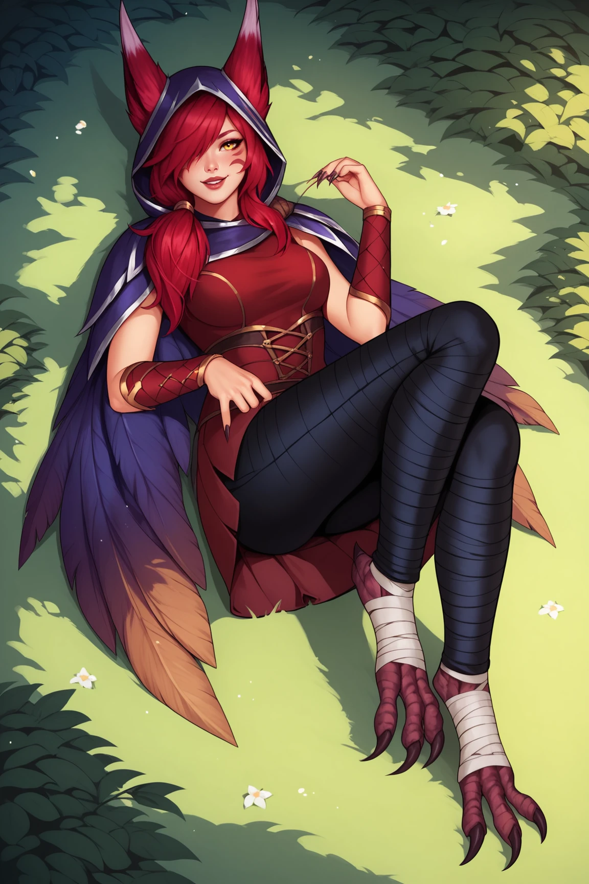 score_9, score_8_up, score_7_up, score_6_up, score_5_up, score_4_up, XayahLoLXL, facial mark, yellow eyes, red hair, long hair, bangs, hair over one eye, animal ears, ears through headwear, monster girl, medium breasts, hood up, hood, red dress, feathers cloak, red skirt, guantlets, black pants, black bandaged, monster bird feet, lying on grass, seductive smile, looking at viewer, forest, tree <lora:XayahLoLXL:0.8>