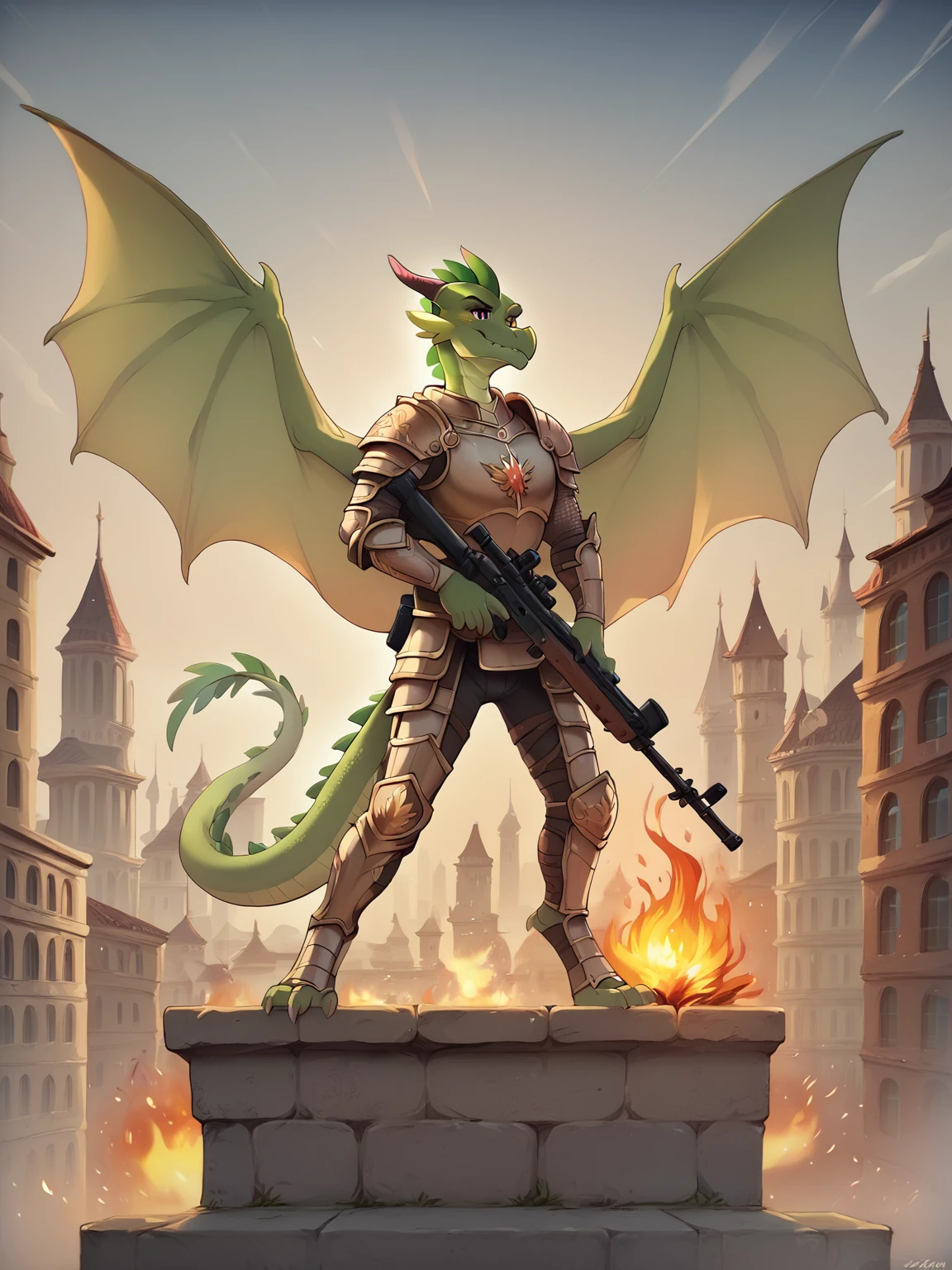 high quality,top scoring,beautiful,masterpiece,
score_9,score_8_up,score_7_up,score_6_up,score_5_up,<lora:Bold_Toon_Style:1>,bold toon style,
anthro dragon wearing armor,rifle,spread wings,membranous wings,
city background,fire,detailed background,