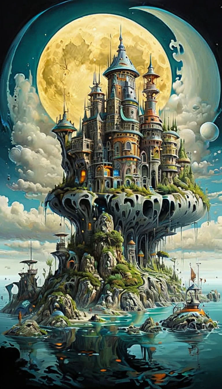 painting fantasy futuristic floating castle, ocean rocks island, giant full moon, clouds
castlesland <lora:castlesland:1>