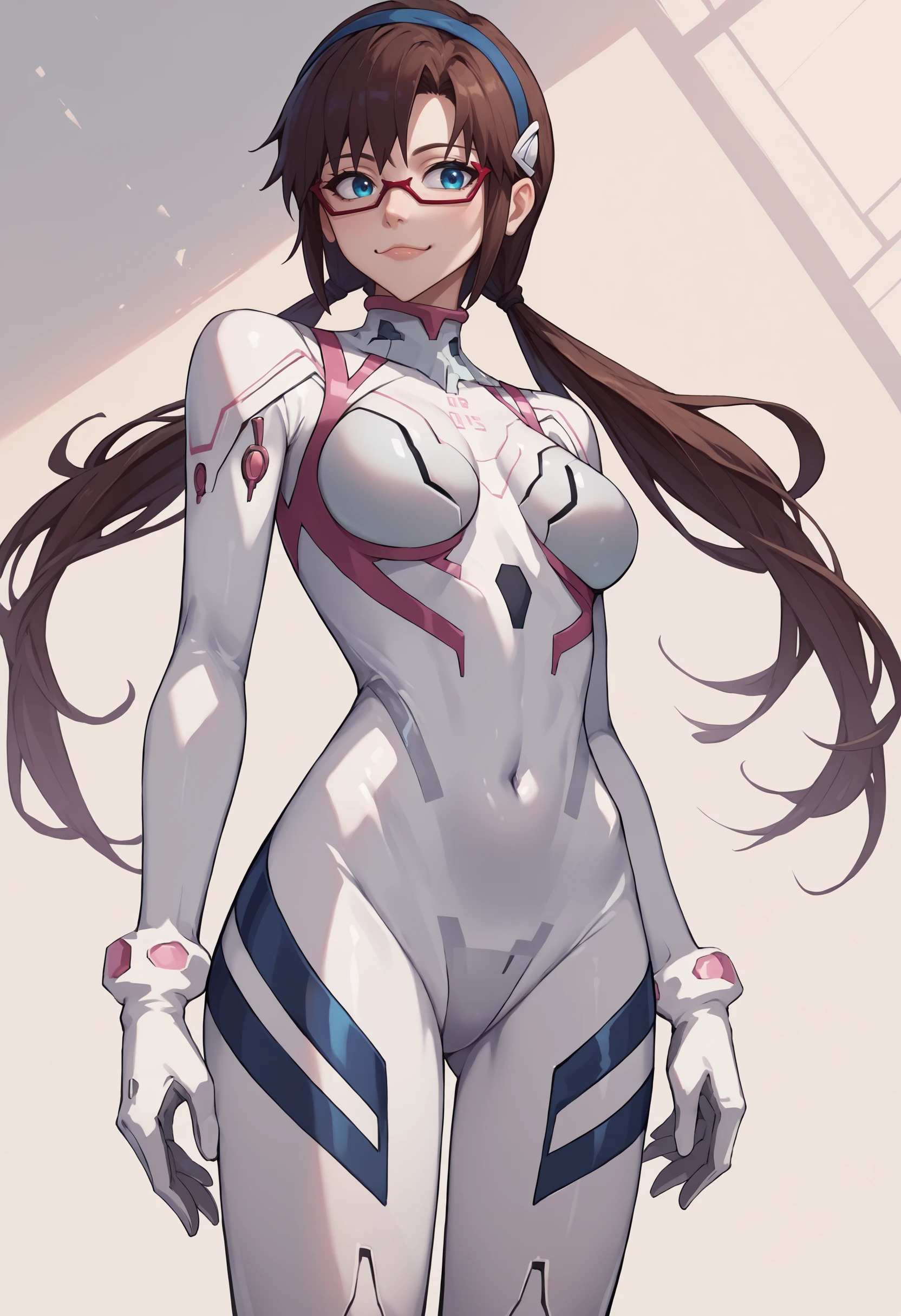 score_9, score _8_up, score_7_up, source_anime, <lora:Degen_Mari_White_v1:1> mari-white, hairband, semi-rimless eyewear, white plugsuit, numbered, covered navel, leg stripes,