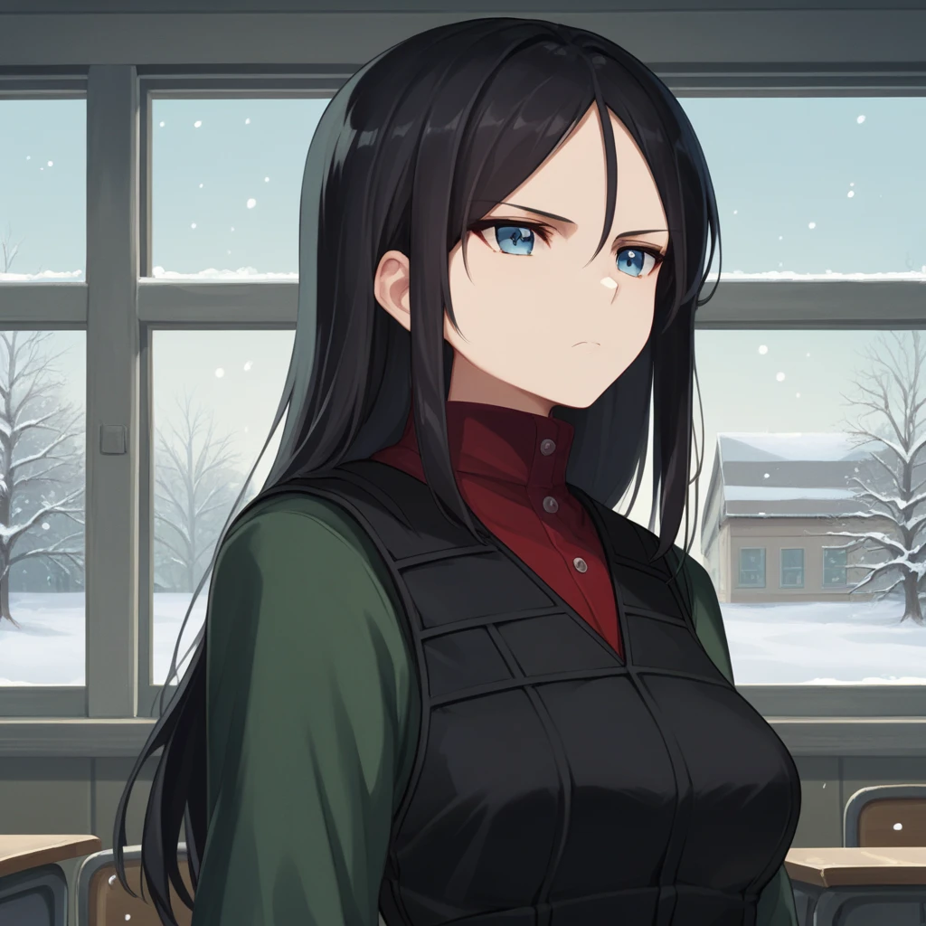 <lora:Nonna - Girls Und Panzer-000090:1>, NonnaGuP, 1girl, solo, blue eyes, long hair,  black hair, medium breasts, upper body, PravdaUniform, green jacket, black vest, red shirt, turtleneck, long sleeves, serious, classroom, window, sky, winter, snowing, indoors, score_9, score_8_up, score_7_up, score_6_up,