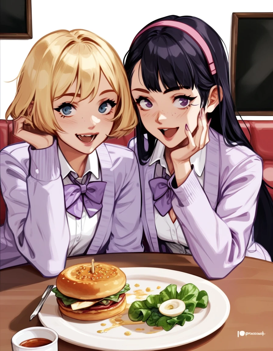 score_9, score_8_up, score_7_up, rating_safe, 2 girls in a restaurant, smile, open mouth, food on table, purlple school uniform, light purple jacket, purple bowtie, BREAK, long hair, black hair, pink hairband, BREAK blonde hair, short hair, portrait,
<lora:diathorn_style_pony6_v1:.8>