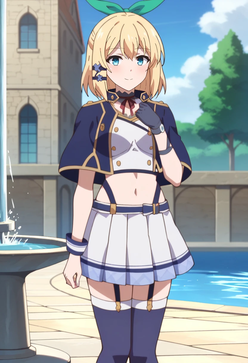 score_9, score_8_up, score_7_up, source_anime,
<lora:Rokuaka_RumiaTingelXL:0.8>, RumiaTingel,
1girl, solo, closed mouth, light smile, light blush,
blonde hair, blue eyes, medium hair, green ribbon, hair ornament,
RumiaSchool, asymmetrical clothes, blue capelet, choker, red ribbon, white shirt, crop top, garter straps, white skirt, blue thighhighs, buttons, short sleeves, navel, single wrist cuff, single glove,
standing, looking at the viewer,
outdoors, medieval, fantasy, city, fountain, blue sky, sunlight