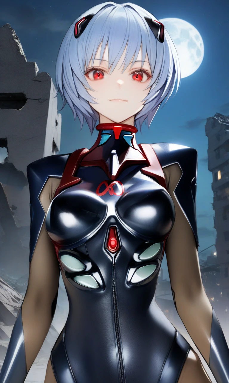 1girl, reishin, blue hair, red eyes, 
plugsuit, 
looking at viewer, light smile, upper body, straight-on, 
outdoors, ruins, night, moon, 
masterpiece, best quality, very aesthetic, absurdres, by nyatabe, 
<lora:ReiShinFlare_XL:0.7><lora:Nyatabe_XL:1>