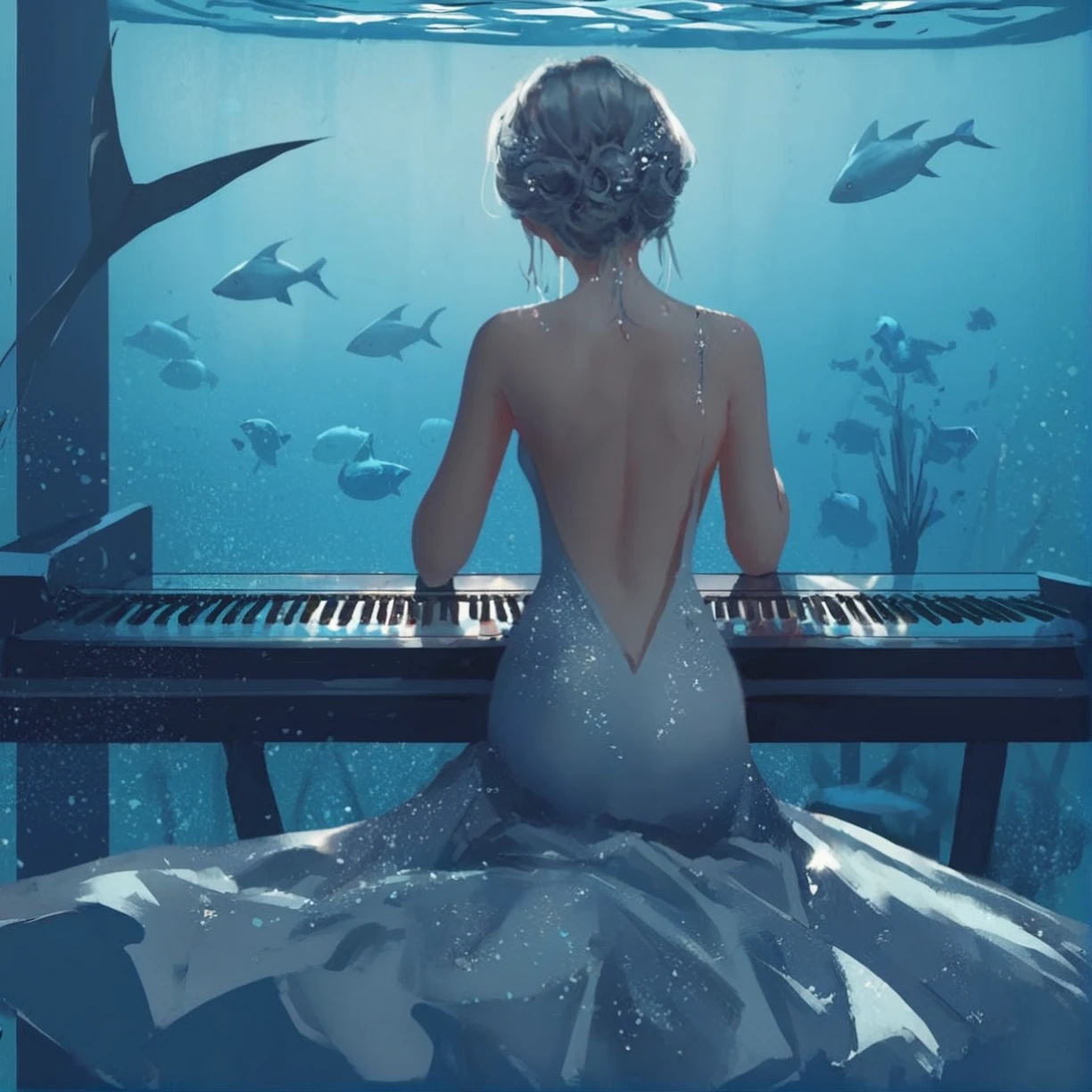 <lora:Wlop_Style_v2_PonyXL:0.8> wlop, by wlop, score_9, score_8_up, score_7_up, score_6_up, score_5_up, score_4_up, source_anime, rating_safe, 1girl, aquarium, back, backless dress, backless outfit, blue theme, character request, copyright name, dress, fish, from behind, ghostblade, grey hair, hairstyle request, highres, instrument, kelp, logo, music, piano, piano bench, playing instrument, playing piano, reflection, shark, silver dress, sitting, solo, string, train (clothing), water,