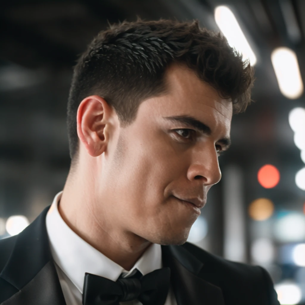 DLSR photo of hectorsta person using a tuxedo, face portrait, in blade runner, daylight, professional photography, high resolution, detailed photo, RAW, still film, f/16, uhd, hdr, 4k <lora:hectorsta_61200:1>