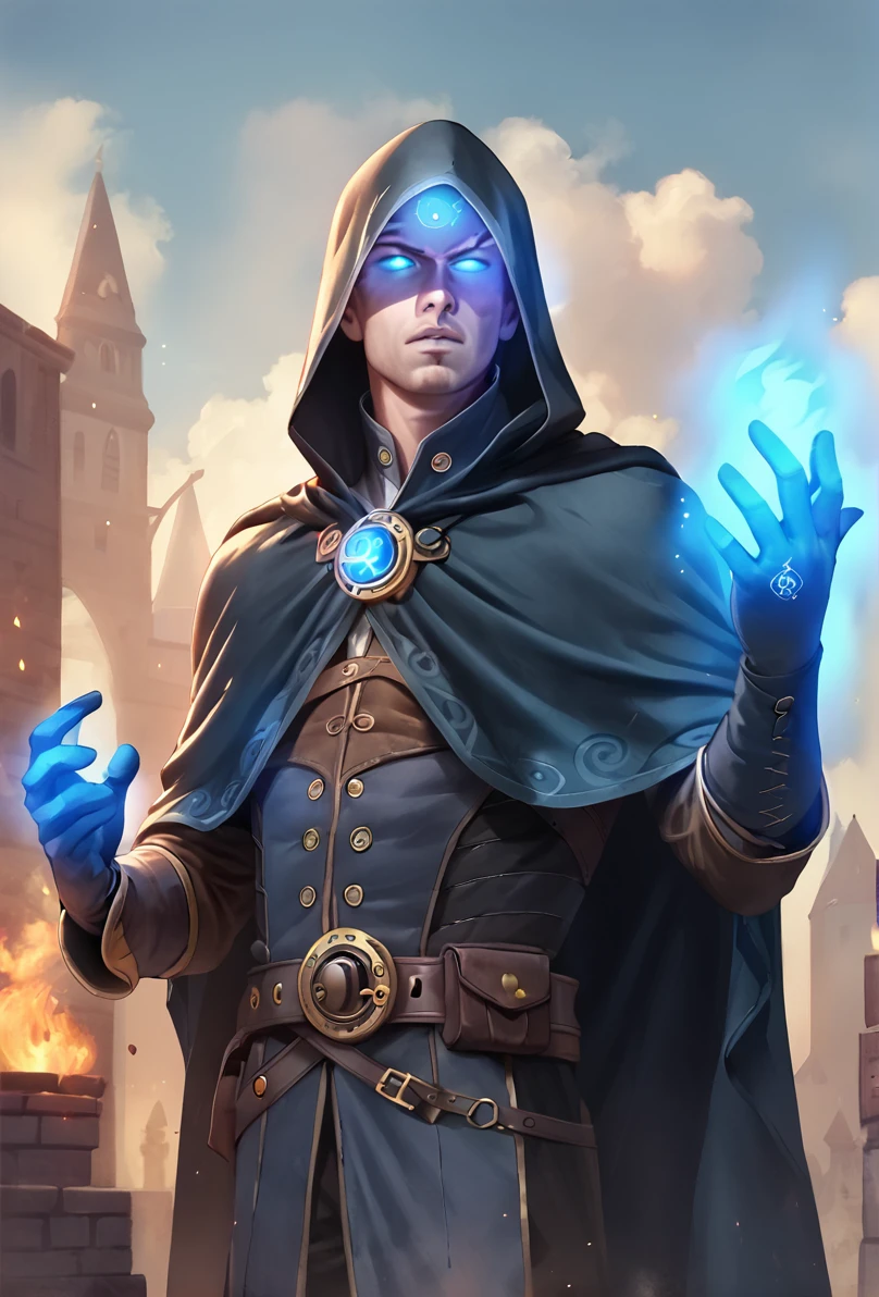 score_9, score_8_up, score_7_up,BREAK overalldetail, <lora:steampunk:0.8>,
steampunk,magitech spell,, 1boy, glowing, male focus, glowing eyes, solo, hood, gloves, cape, cloak, magic, fire, belt, sky, blue eyes, blue fire