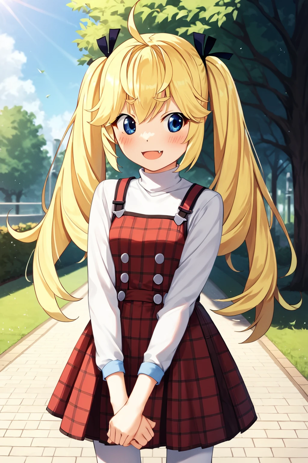 score_9, score_8_up, score_7_up, score_6_up, rating_safe, source_anime, best quality, masterpiece, detailed background, cowboy shot, park, sunny, blush, looking at viewer, embarrassed smile, open mouth, fang, v arms, <lora:Michiru-xl-03:1>, Michiru, blonde hair, ahoge, long twintails, long hair, large hair ribbons, blue eyes, small breasts, long red plaid dress, white turtleneck, long white sleeves, sleeves past wrist, white pantyhose,