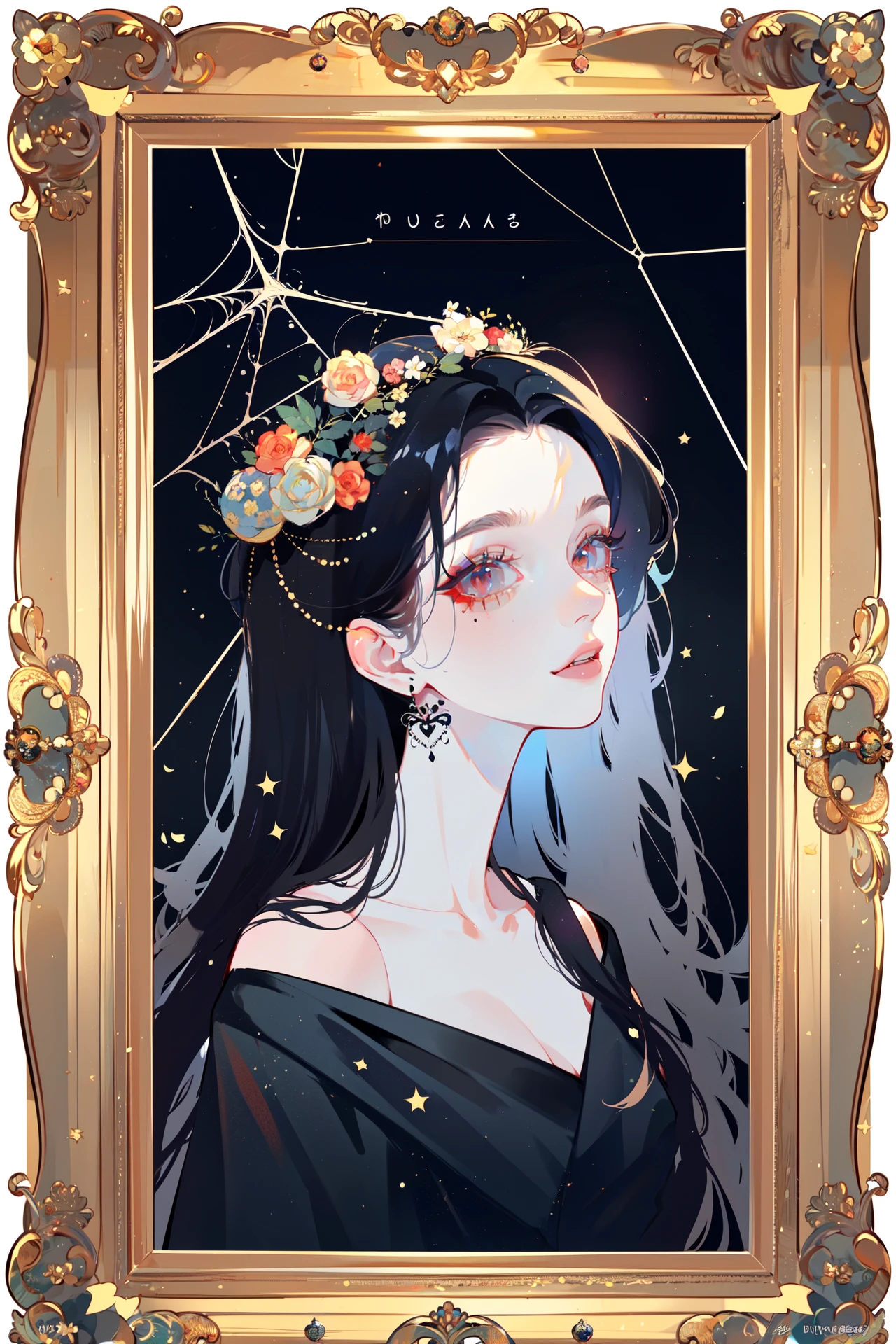 ((best quality, masterpiece, absurbres, super-resolution)), horror, Arachne , spider webs in the background, (black ornate frame)