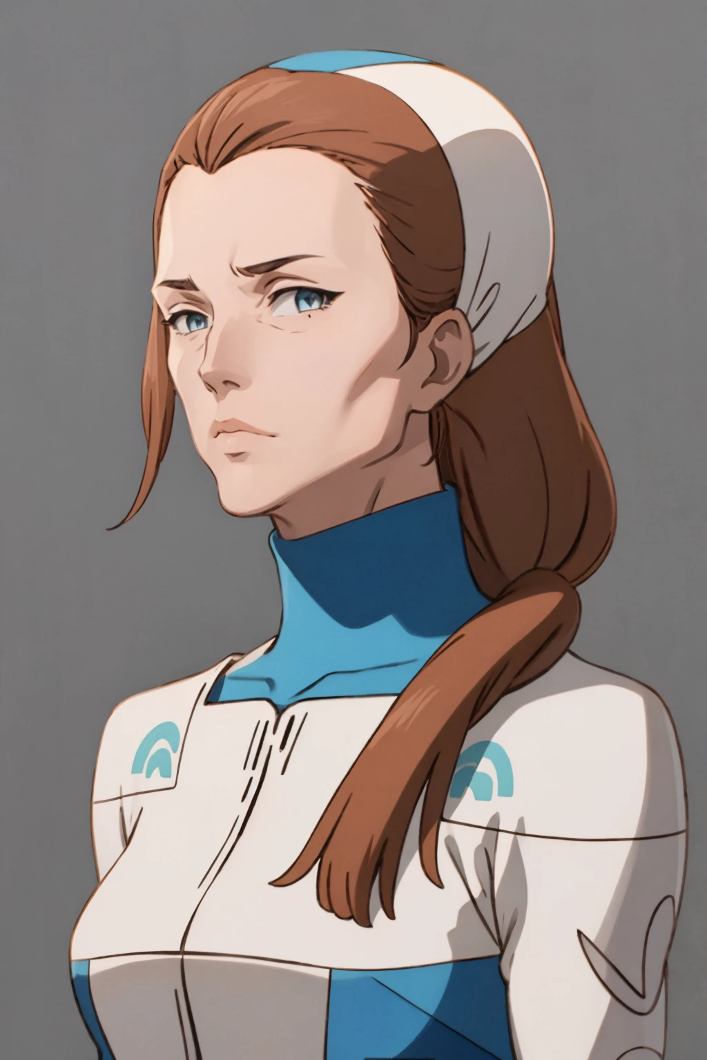 masterpiece, best quality,
1girl, wilmitzenam, brown hair, ponytail, long hair, blue eyes,
uniform, hairband, turtleneck,
upper body, solo, looking at viewer, simple background <lora:WilmitZenam:1>