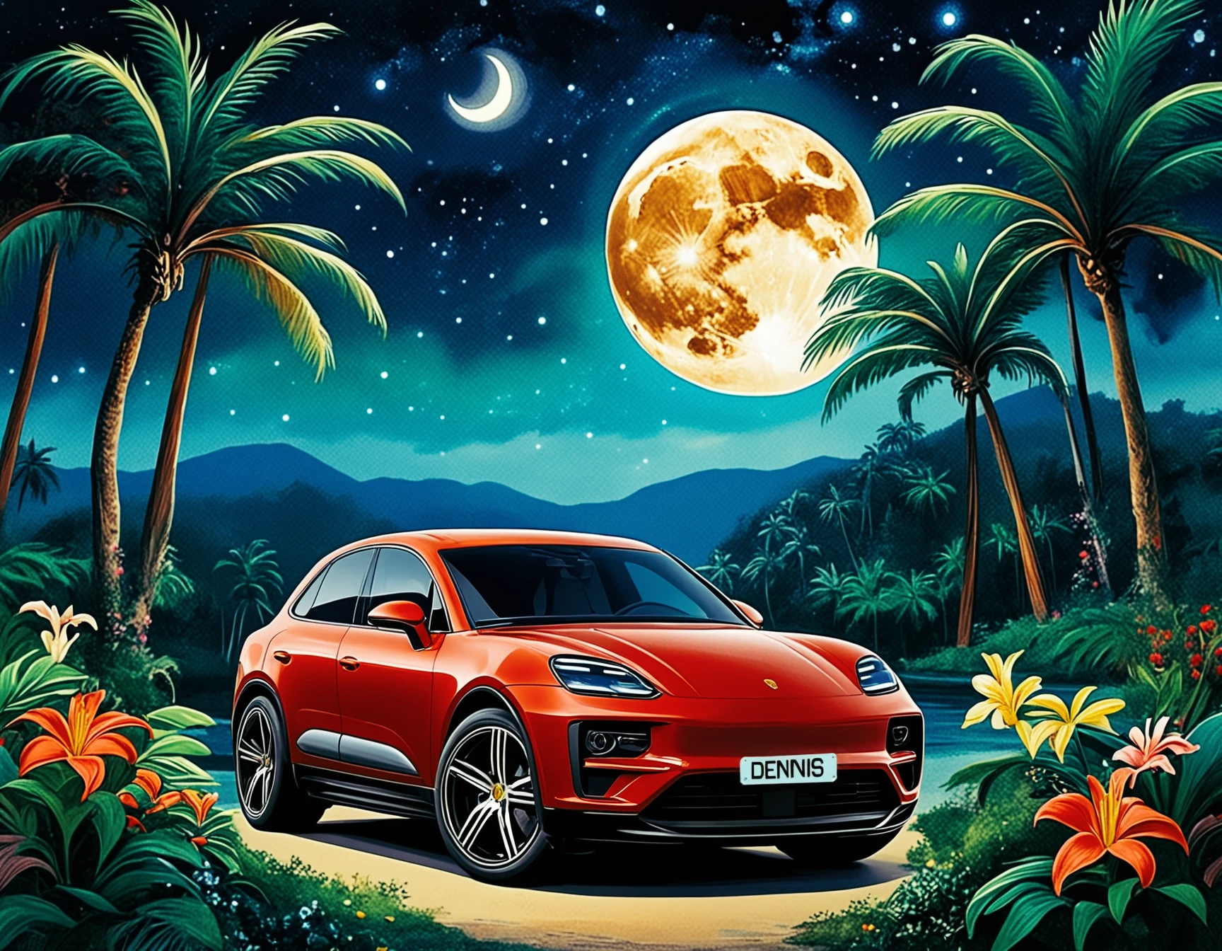 Macan, a red Porsche green parked on a 

 , The image is a vertical, digital artwork depicting a tranquil nighttime scene. At the center of the composition, there's a full moon illuminating a forested area with lush vegetation and vibrant flowers. In the foreground, a winding stream meanders through the landscape, surrounded by various plant species.

The artist has used a color palette that includes hues of blue, green, yellow, and purple to create a rich and inviting atmosphere. The lighting effects highlight the moon's reflection on the water and emphasize the foliage's depth in shadow and light.

In the background, the silhouette of a mountain range can be seen against the night sky, which is dark blue and speckled with stars. To the right of the scene, there is a small cottage nestled among the trees. The overall mood conveyed by the artwork is serene and harmonious with nature. 