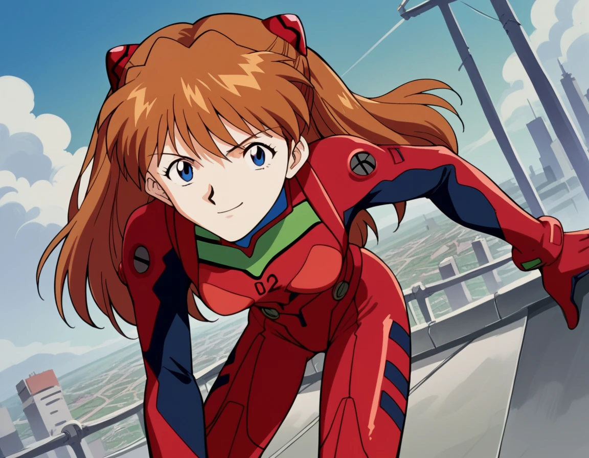 score_9, score_8_up, score_7_up, source_anime,
asuka langley soryu, <lora:asuka-langley-soryuu-classic-ponyxl-lora-nochekaiser:1>,
asuka langley soryu, long hair, bangs, blue eyes, brown hair, hair ornament,
bodysuit, pilot suit, plugsuit, red bodysuit, interface headset,
outdoors, cityscape, bent over, smile,
cowboy shot, looking at viewer, solo, dutch angle,