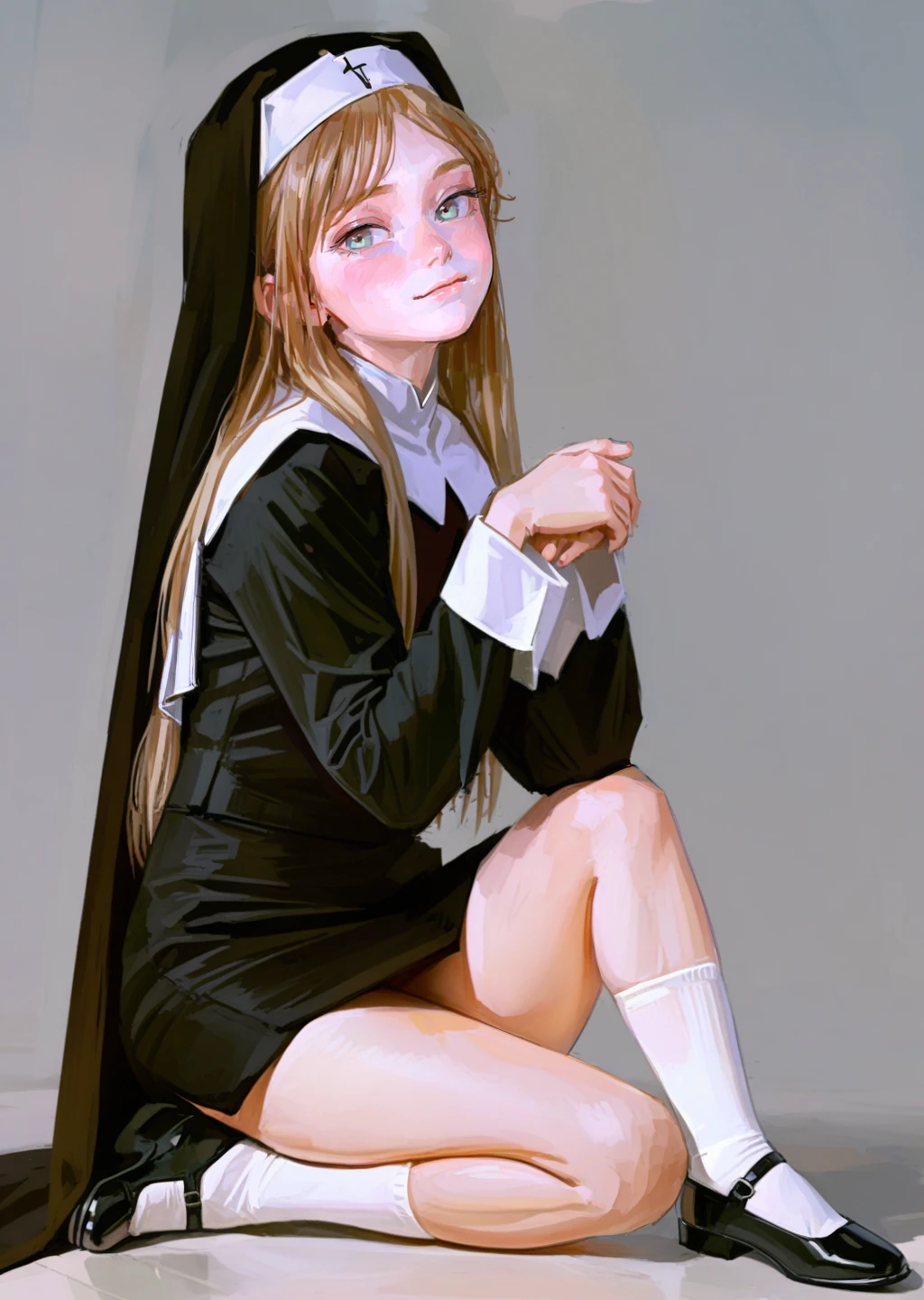 masterpiece,best quality,4K,8K,teenage,oil painting \(medium\),fkey70,
1girl,solo,hand on hip,looking_up,looking to the side,
sitting,
blonde hair,
green eyes,
nun,
white socks,black mary janes,
simple background,
full body,