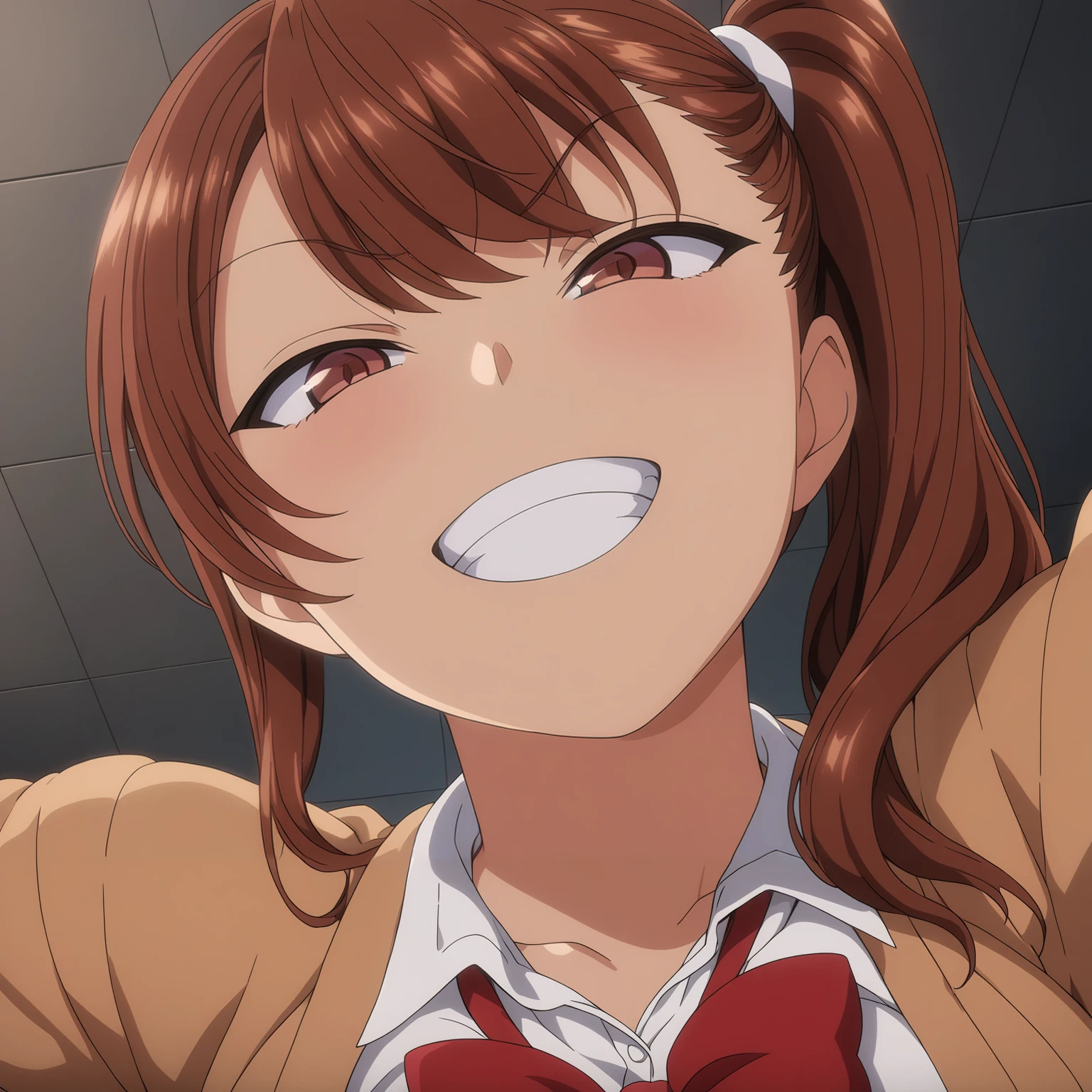 <lora:IzumiNogamiXL001>,
looking at viewer,grin,looking down,shadow face,
solo,
anime screencap,
best quality,masterpiece,brown eyes,
IzumiNogami,1girl,brown hair,Side ponytail,
white shirt,red bowtie,cardigan,
from below,